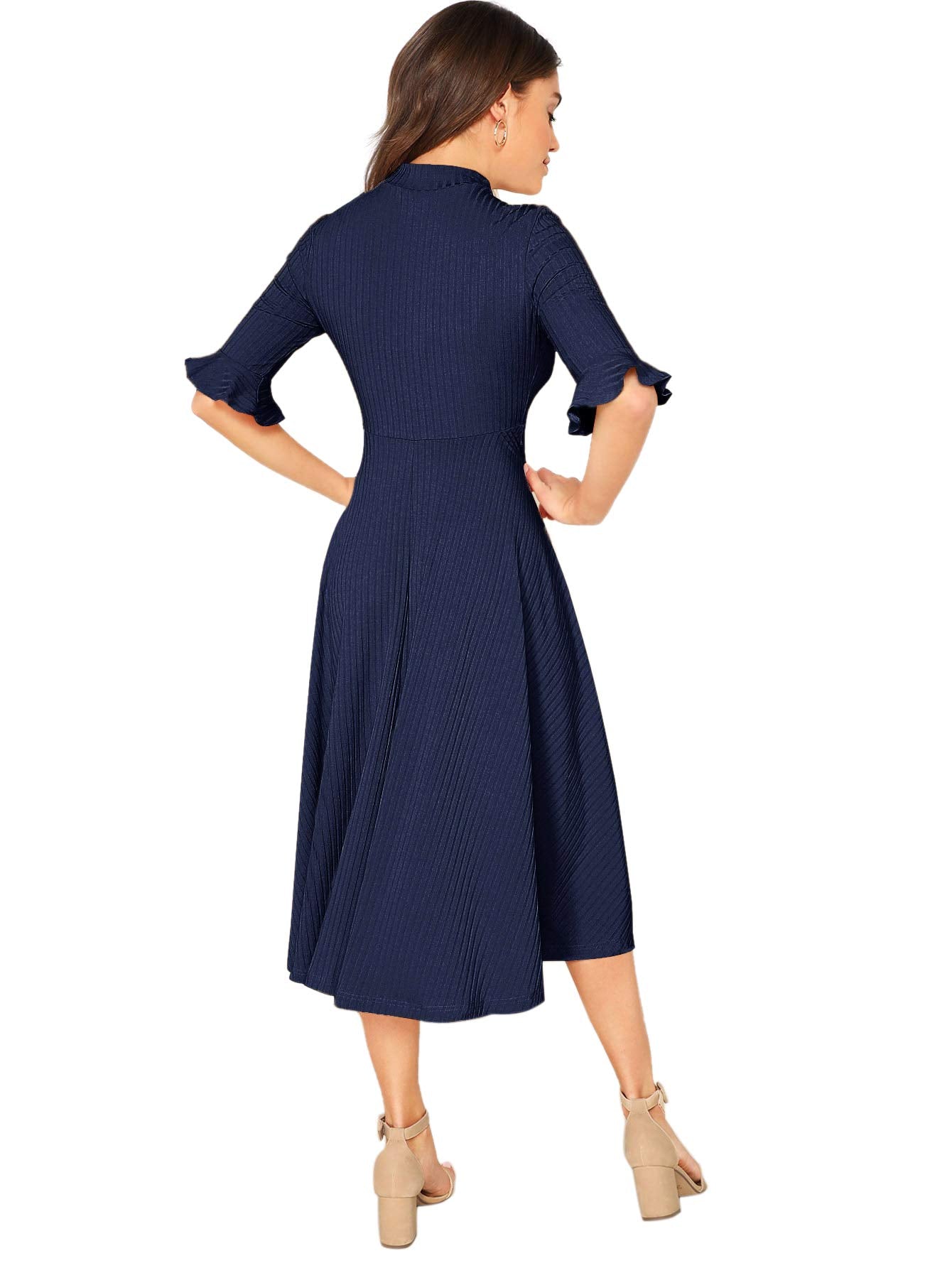 Verdusa Women's Ruffle Half Sleeve A Line Fall Dresses Elegant Fit and Flare Midi Dress Navy Small