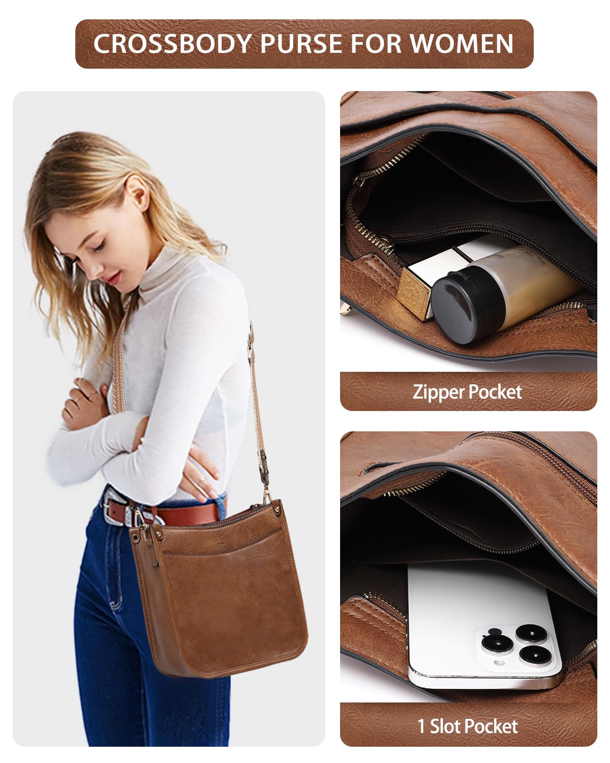 Purses for Women 3PCS, Crossbody Bags Set Large Leather Purse Shoulder Handbags with Wallet Adjustable Straps for Ladies Tote