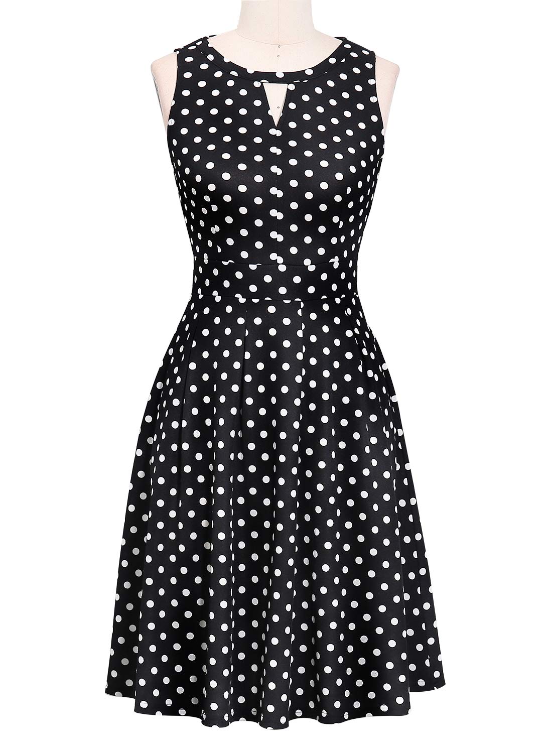 Sureple Wear to Work Dresses for Women Retro 50s Black Polka Dot Keyhole Cutout Pleated Summer Fit and Flare Swing Casual Dresses with Pockets (L, SP81-Black Dot)