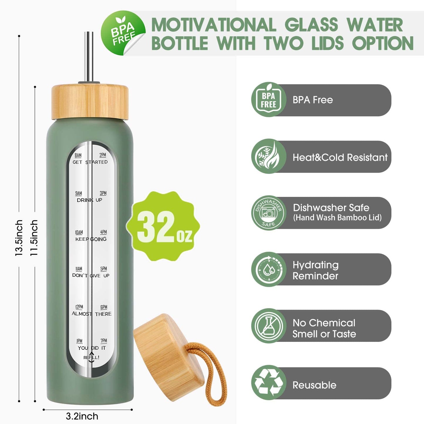 SipZest 32 oz Glass Water Bottles with Straw - Motivational Bottle with Time Marker & Silicone Sleeve - Reusable Tumbler Includes 2 Bamboo Lids & Fruit Infuser - 1 Pack