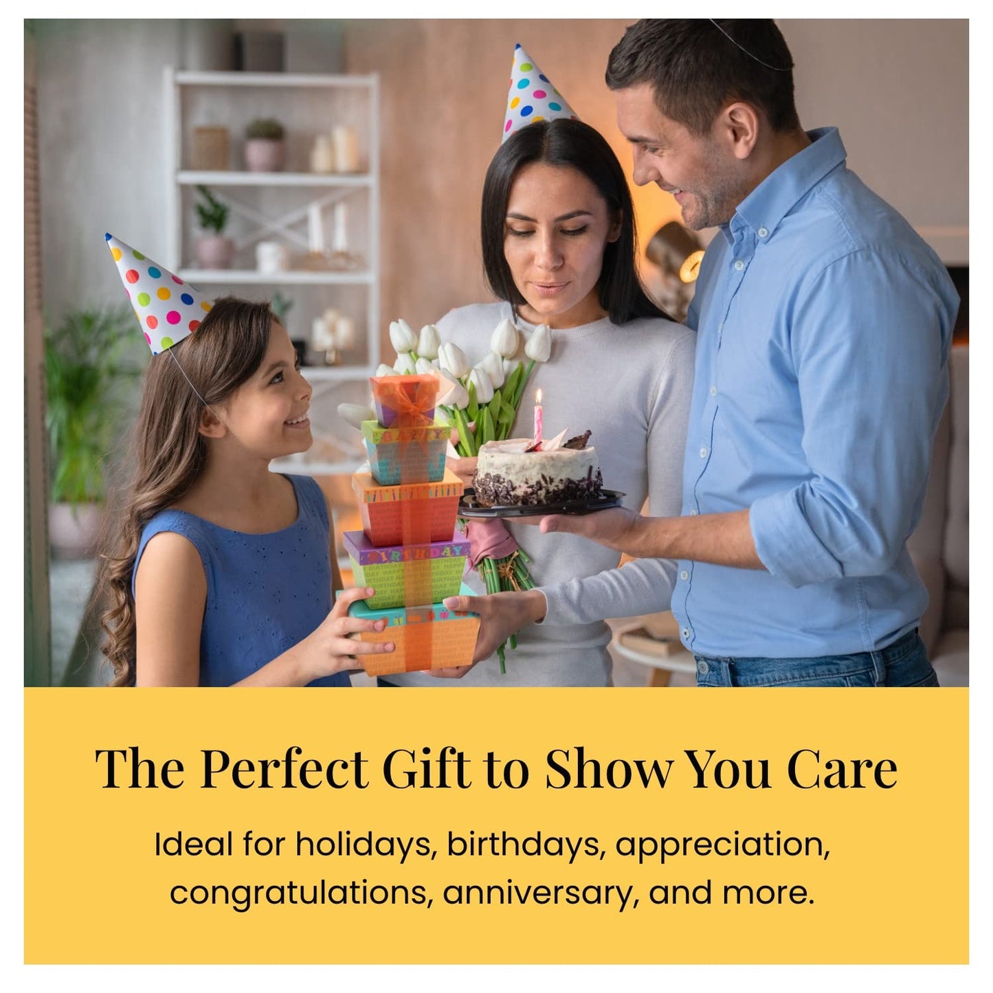 Broadway Basketeers Birthday Gift Basket Tower for Women, Men, Mom, Dad, Her, Him, Kids, Families – Curated Snack Box, Sweet and Savory Treats for Parties