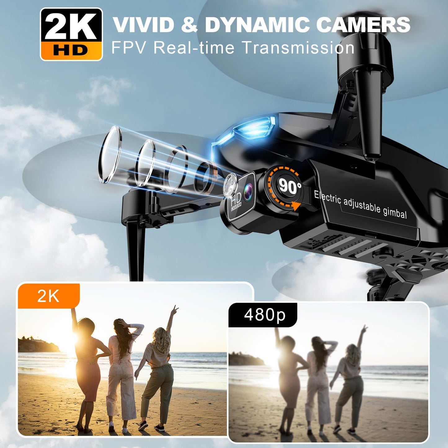 Drone with Camera for Adults, 2K HD FPV Drones with Upgrade Altitude Hold, One-Key Take Off/Landing, Speed Adjustment, Headless Mode, 2 Batteries, Toys Gifts for Teen Boys Girls, Beginner