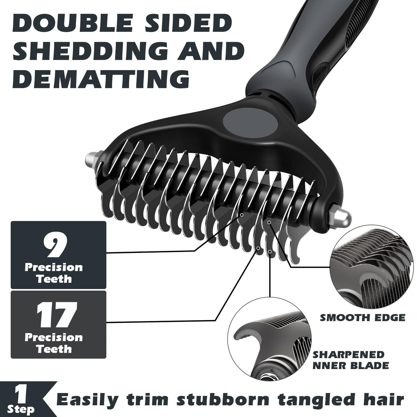 3PCS Self Cleaning Slicker Brush & Pet Grooming Rake & Bath Brush for Dogs and Cats | Double-Sided Dematting Pet Comb & Skin Friendly Deshedding Grooming Tool | Premium Pet Supplies(Gray Black)