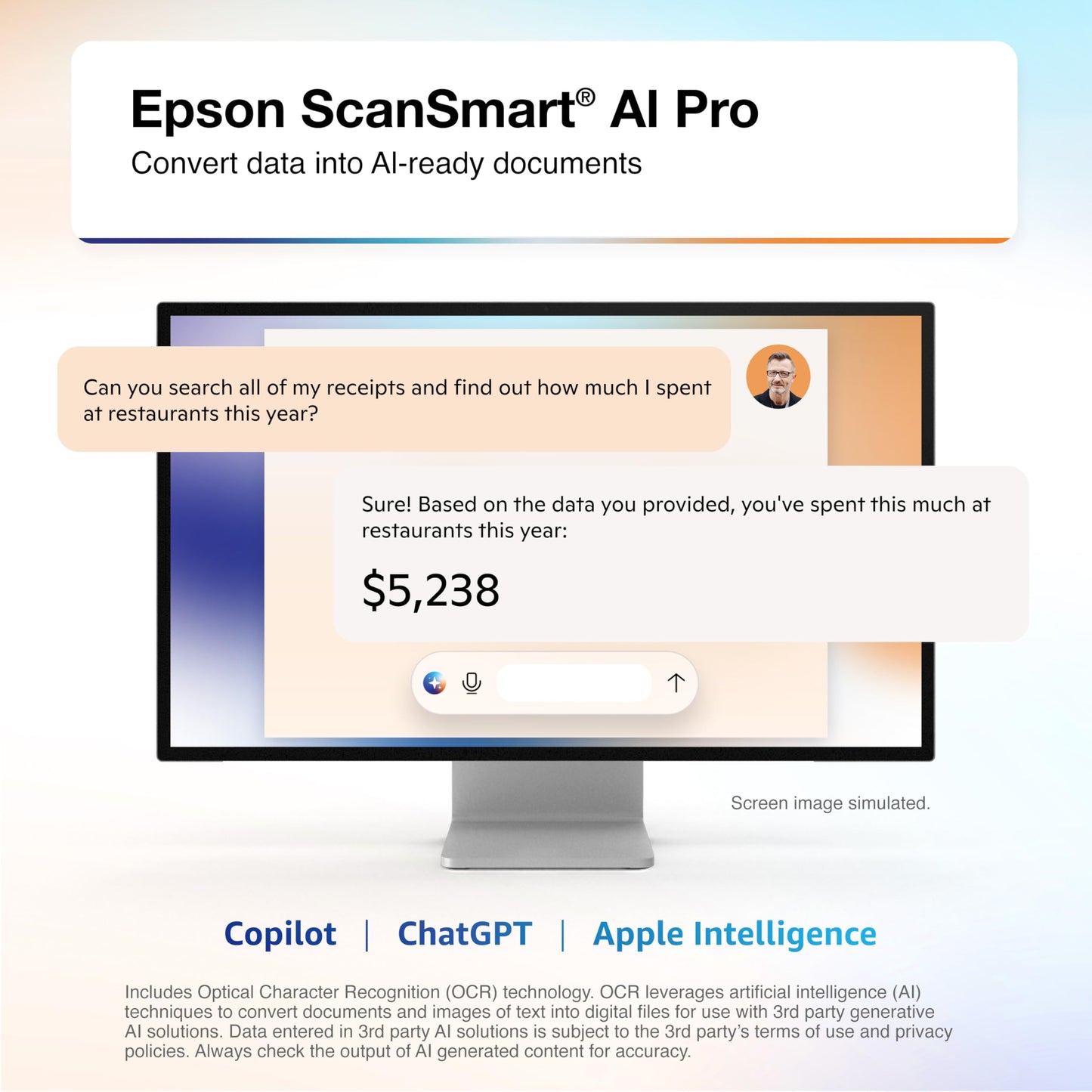 Epson RapidReceipt RR-70W Wireless Mobile Color Receipt & Document Scanner with ScanSmart AI PRO Receipt Management & PDF Software for PC & Mac