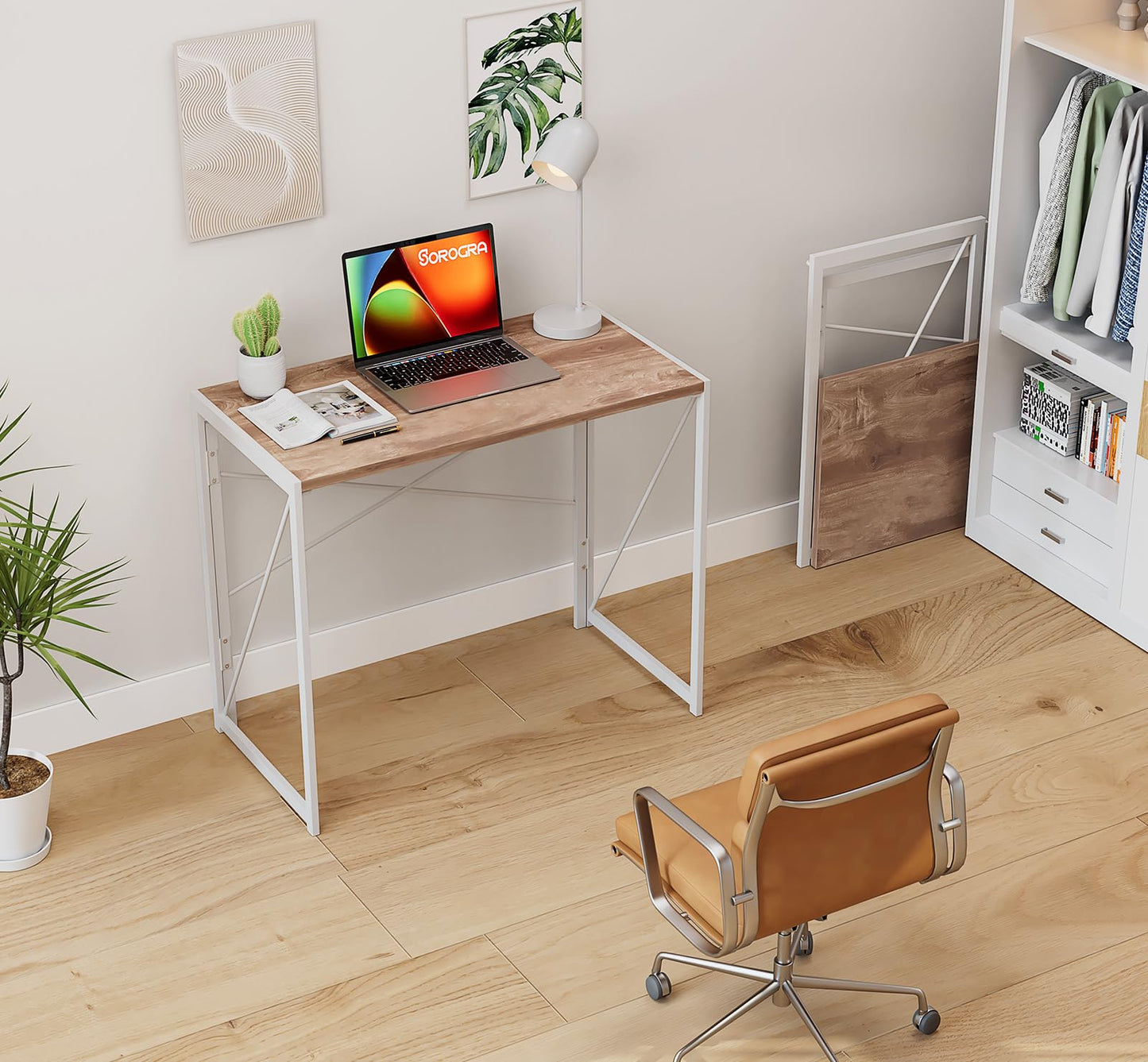 Coavas Folding Desk 31.5 inch Foldable Small Portable Computer Desks, Spaces Saving Writing Sturdy Table for Bedroom, Home Office, Dorm, Apartment, Pre Assembled, Oak