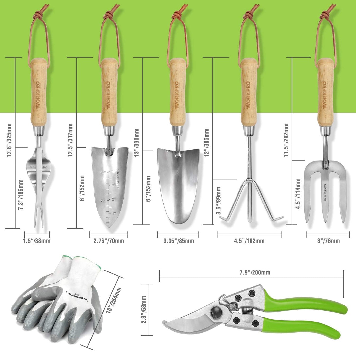 WORKPRO Garden Tools Set, 8 Piece, Stainless Steel Heavy Duty Gardening Tools with Wooden Handle, Including Garden Tote, Gloves, Trowel, Hand Weeder, Cultivator and More-Gardening Gifts For Women Men