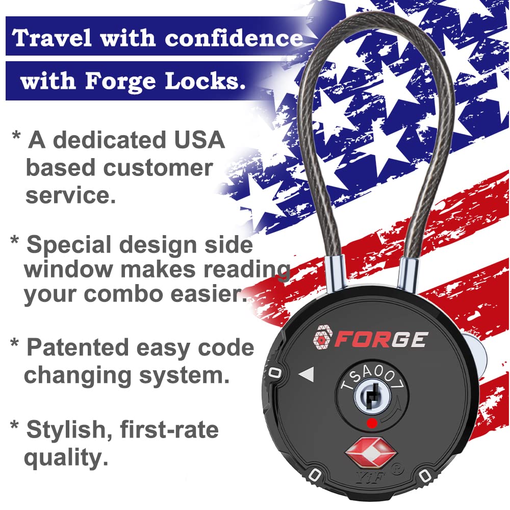 Forge Quality TSA Approved Luggage Locks for Travel Accessories, Suitcase, Pelican case, Ammo Boxes, Set Your own Combination, Zinc Alloy Body-Cable Black 4 Locks