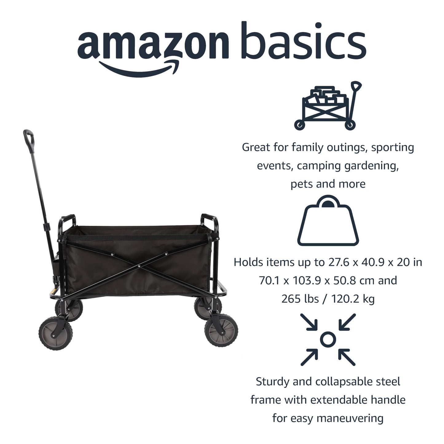 Amazon Basics Collapsible Folding Heavy Duty Utility Wagon for Outdoor Sports, 265 pounds Weight Capacity, Camping, Garden, and Shopping, 27.6 x 40.9 x 20 inches, Black