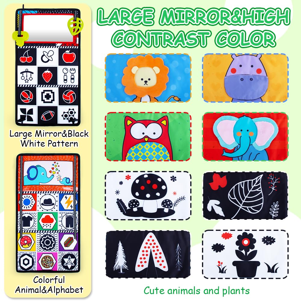 Teytoy Tummy Time Newborn Mirror - Infant Toys 0-3 Months with Brain Developmental Baby Mirror, Cloth Book & Teethers, High Contrast Black and White Sensory Toys for 4-12 Months