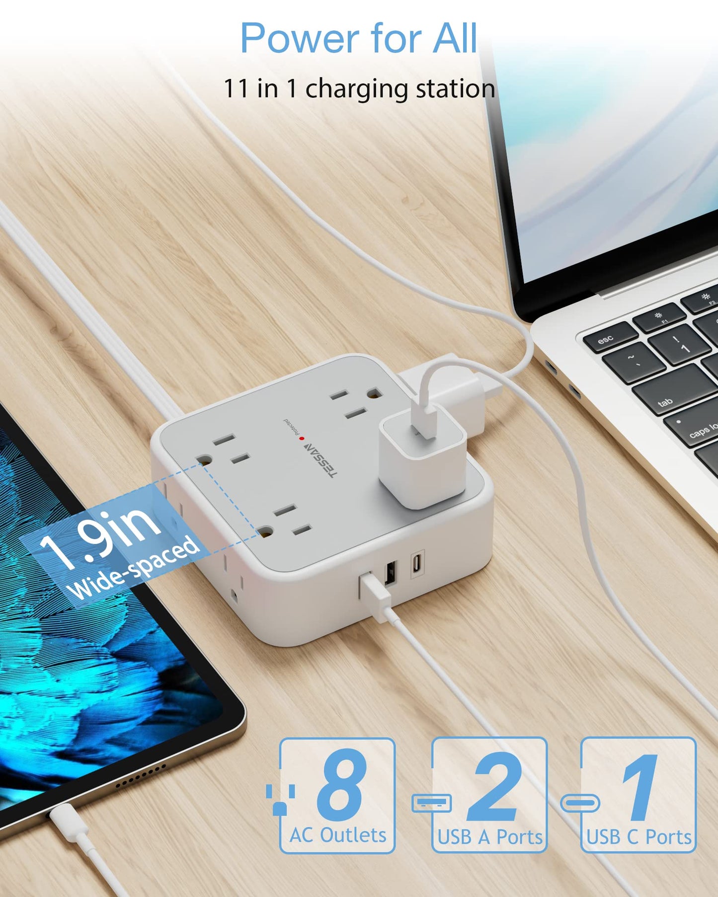 TESSAN Surge Protector Flat Extension Cord Flat Plug Power Strip, 8 AC Outlets, 3 USB Charger(1 USB C Port) 3 Sided Outlet Extender, 5 Ft, 900 Joules Protection, Office Supplies, Dorm Room Essentials