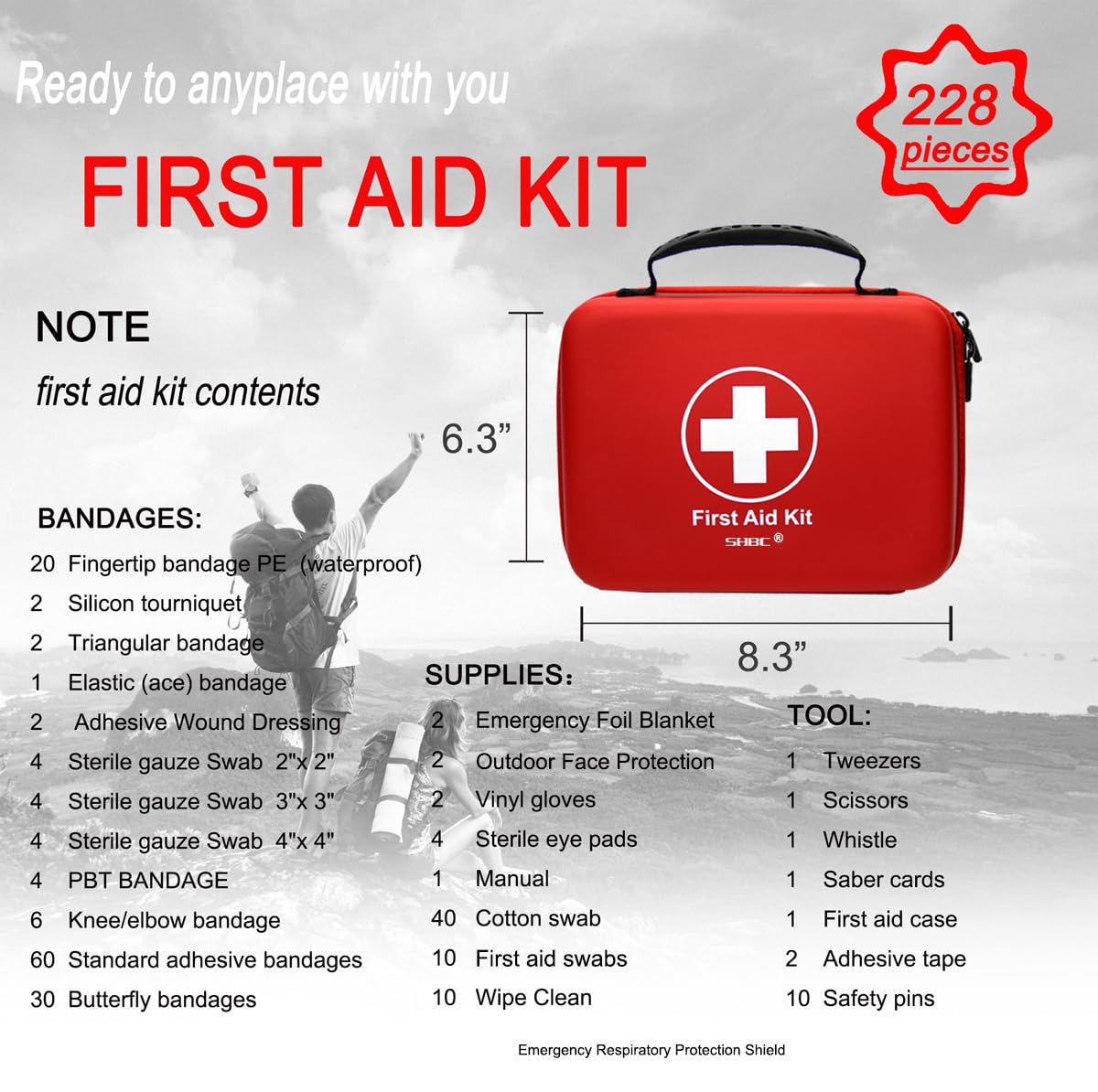 Compact First Aid Kit (228pcs) Designed for Family Emergency Care. Waterproof EVA Case and Bag is Ideal for The Car, Home, Boat, School, Camping, Hiking, Office, Sports. Protect Your Loved Ones. Red