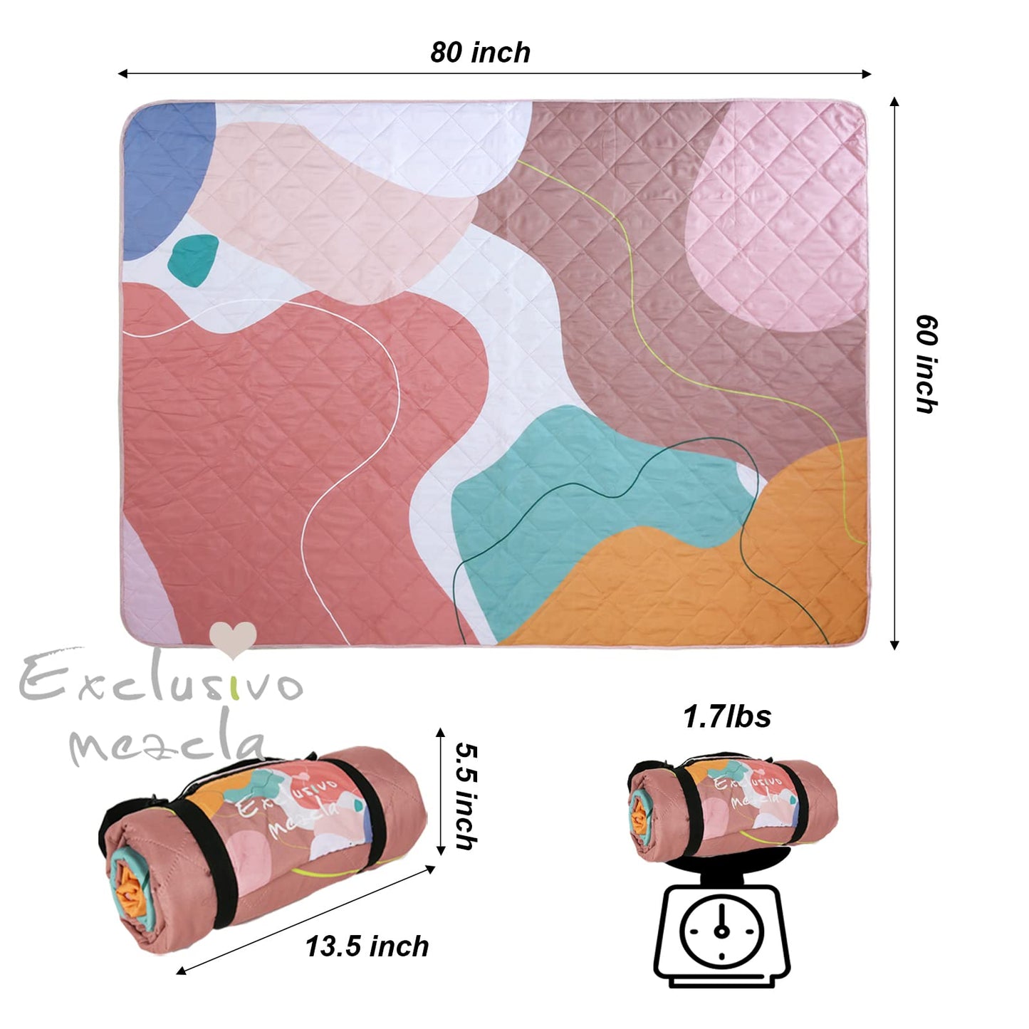 Exclusivo Mezcla Waterproof Picnic Blankets 3-Layer 60x80 Inches Large Sandproof Beach Blanket Foldable Outdoor Blanket for Camping on Grass Picnic Mat, Abstract Pink