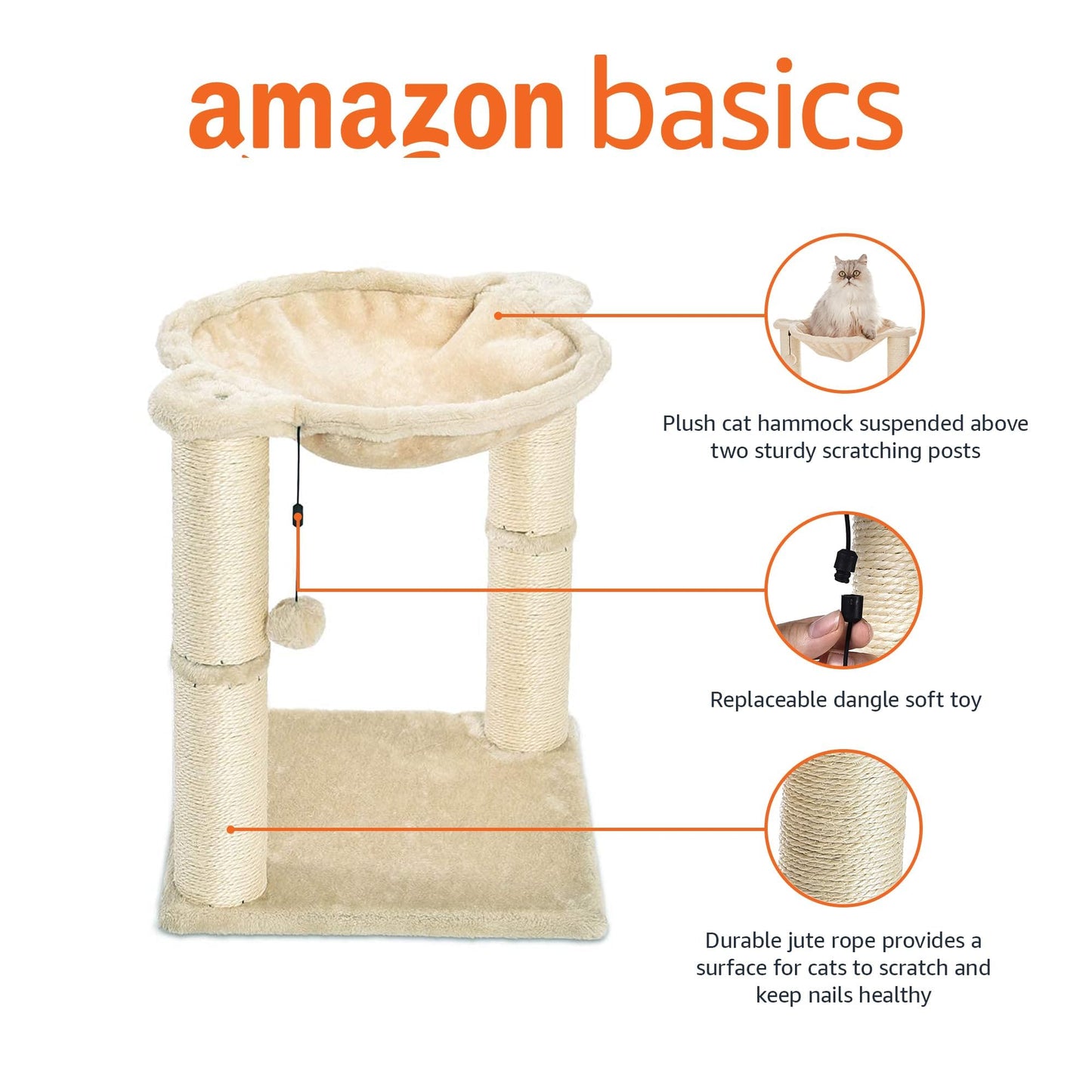 Amazon Basics Cat Condo Tower with Hammock Bed and Scratching Post,Easy to Assemble,Plush Hammock,Interactive Hanging Ball,Durable Sisal Scratch Posts for Indoor Cats, 15.8 x 15.8 x 19.7 Inches, Beige