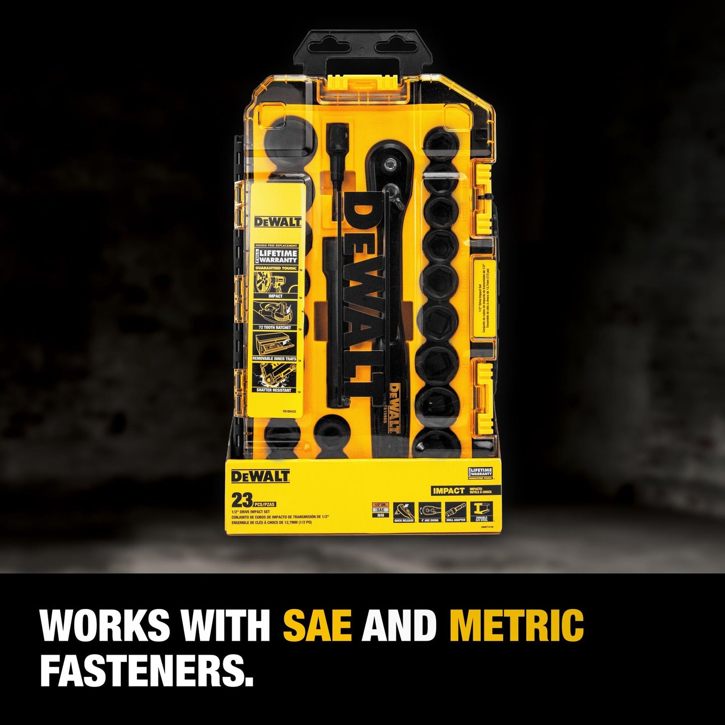 DEWALT Impact Socket Set with Ratchet, Metric/SAE, 1/2" Drive, 23-Piece Set with Case (DWMT74739) 