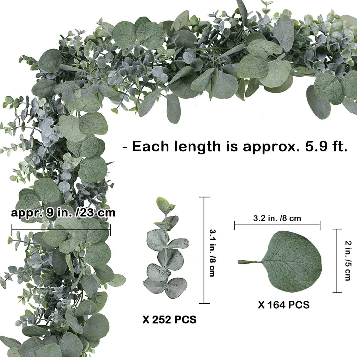 Winlyn 5.9' Long Faux Silver Dollar Eucalyptus Leaves Greenery Artificial Garland in Grey Green for Wedding Arch Swag Backdrop Doorways Table Runner Indoor Outdoor
