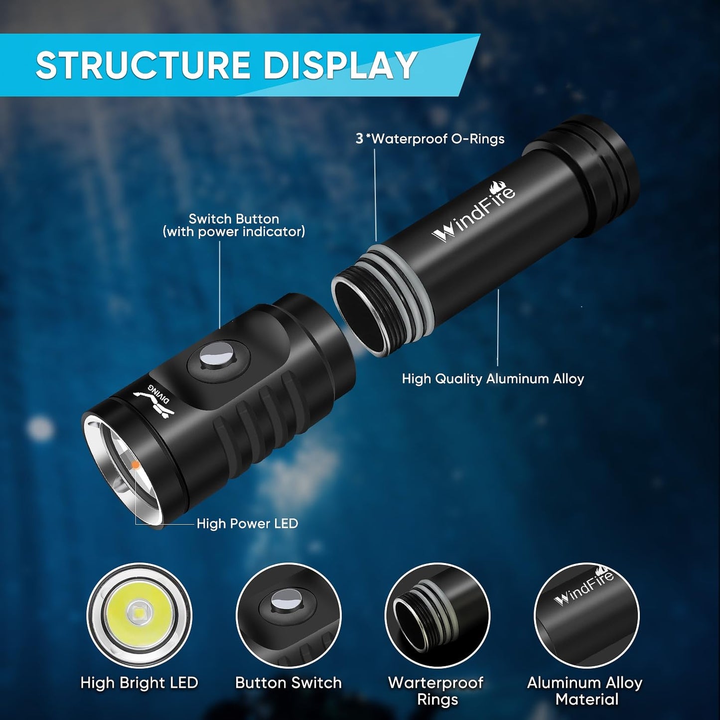 WINDFIRE Dive Light Scuba Diving Flashlight, Super Bright Rechargeable Waterproof Torch with Power Indicator, 3 Modes Underwater Lights, Scuba & Snorkeling Safety Dive Lights for Night Diving