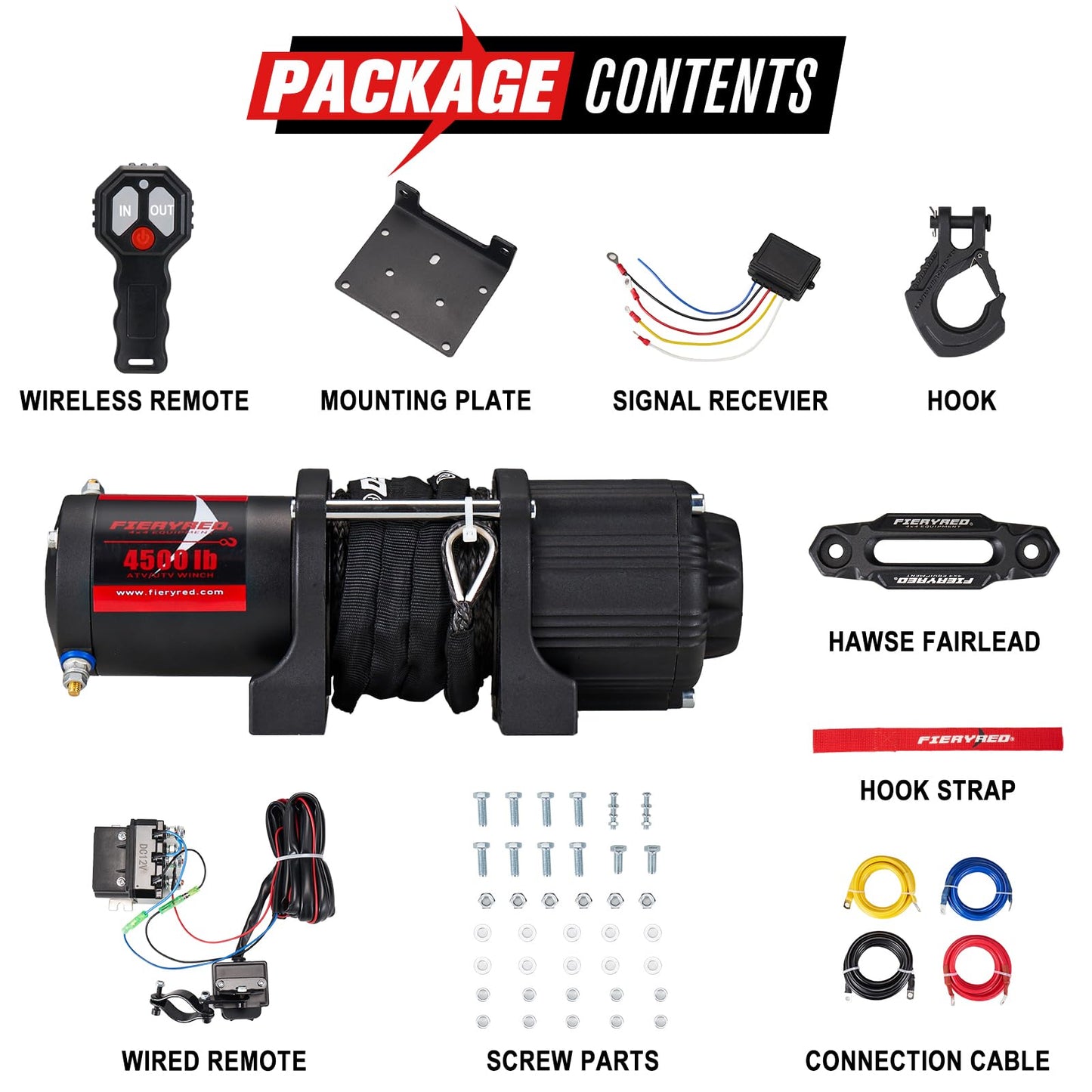 FIERYRED ATV/UTV Winch 12V 4500 lb Electric Winch with Synthetic Rope, with Wireless Remote Control Hawse Aluminium Fairlead & Mounting Bracket, Waterproof IP67