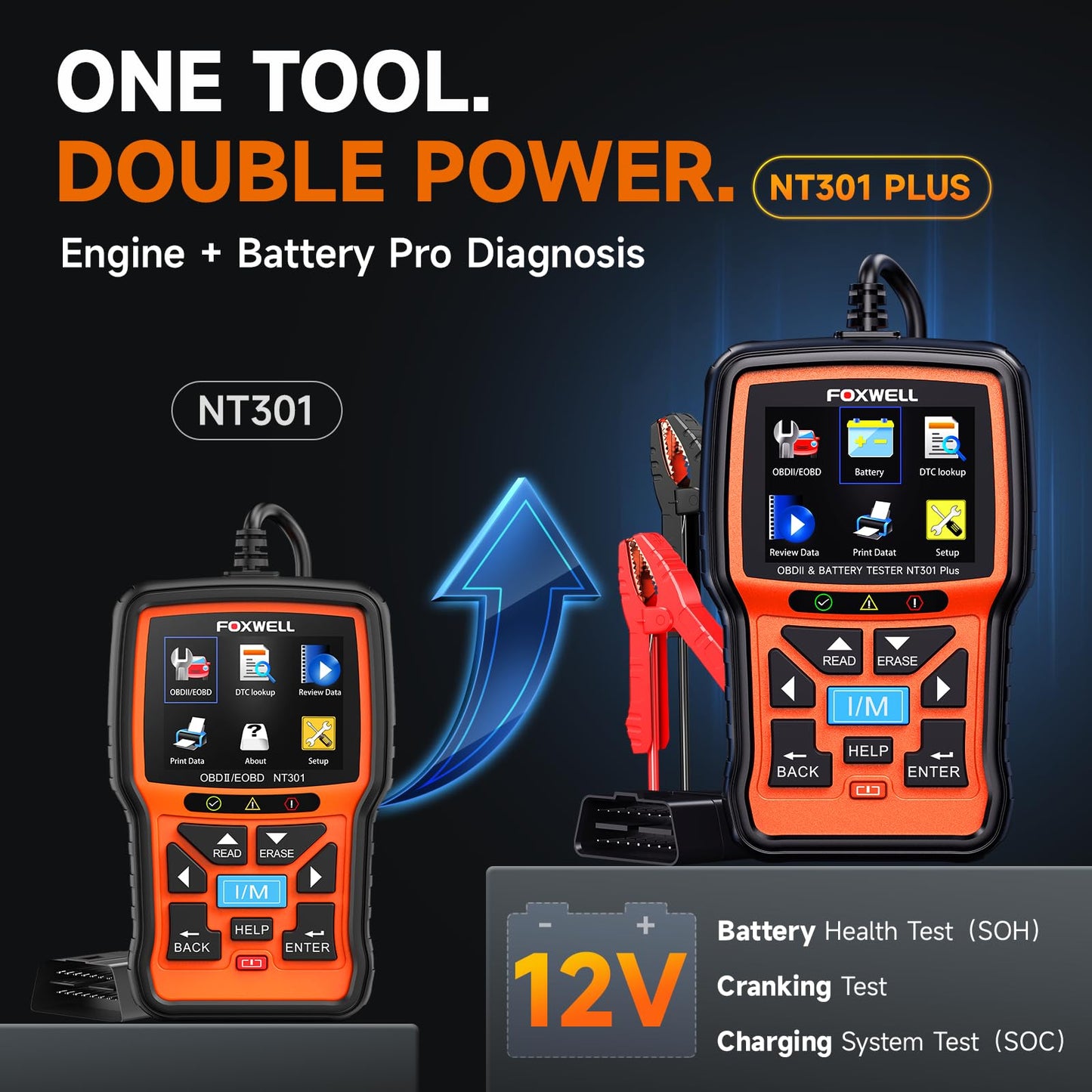 FOXWELL NT301 Plus 2-in-1 OBD2 Scanner Battery Tester, Professional Check Engine Code Reader Car Diagnostic Tool, Live Data, 12V 100-1100CCA Cranking Charging Analyzer for 1996 or Newer Vehicle