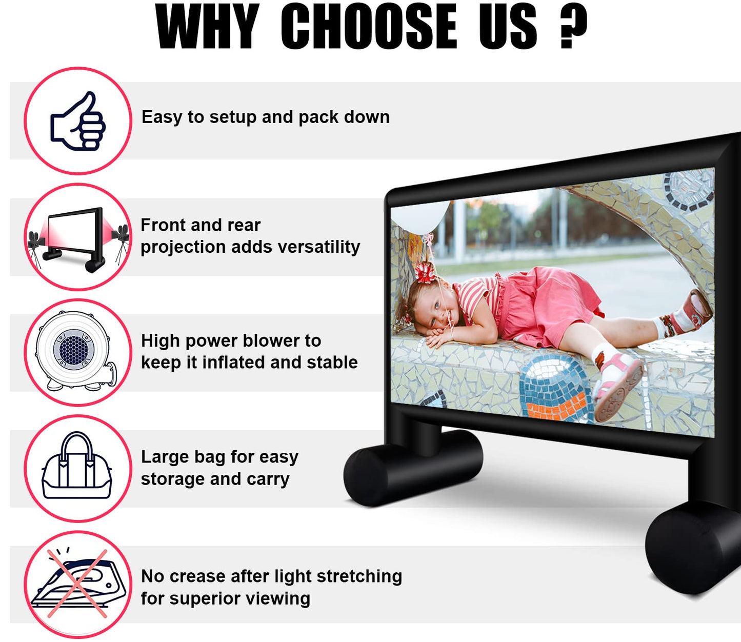 XHYCPY Inflatable Projector Screen 15ft Inflatable Movie Screen Outdoor with Air Blower and Storage Bag, Easy Set up, Front and Rear Projection for Outdoor Movie Night Backyard Pool Fun