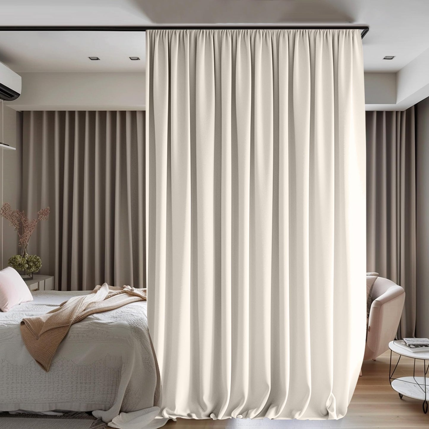 Room Divider Curtains Flexible Ceiling Tracks Set Curtain Track Ceiling Mount Blackout Curtain for Living Room Bedroom Ceiling Curtain Rod Privacy Dividers Panels W120 x H96 Beige Drape & Black Rail