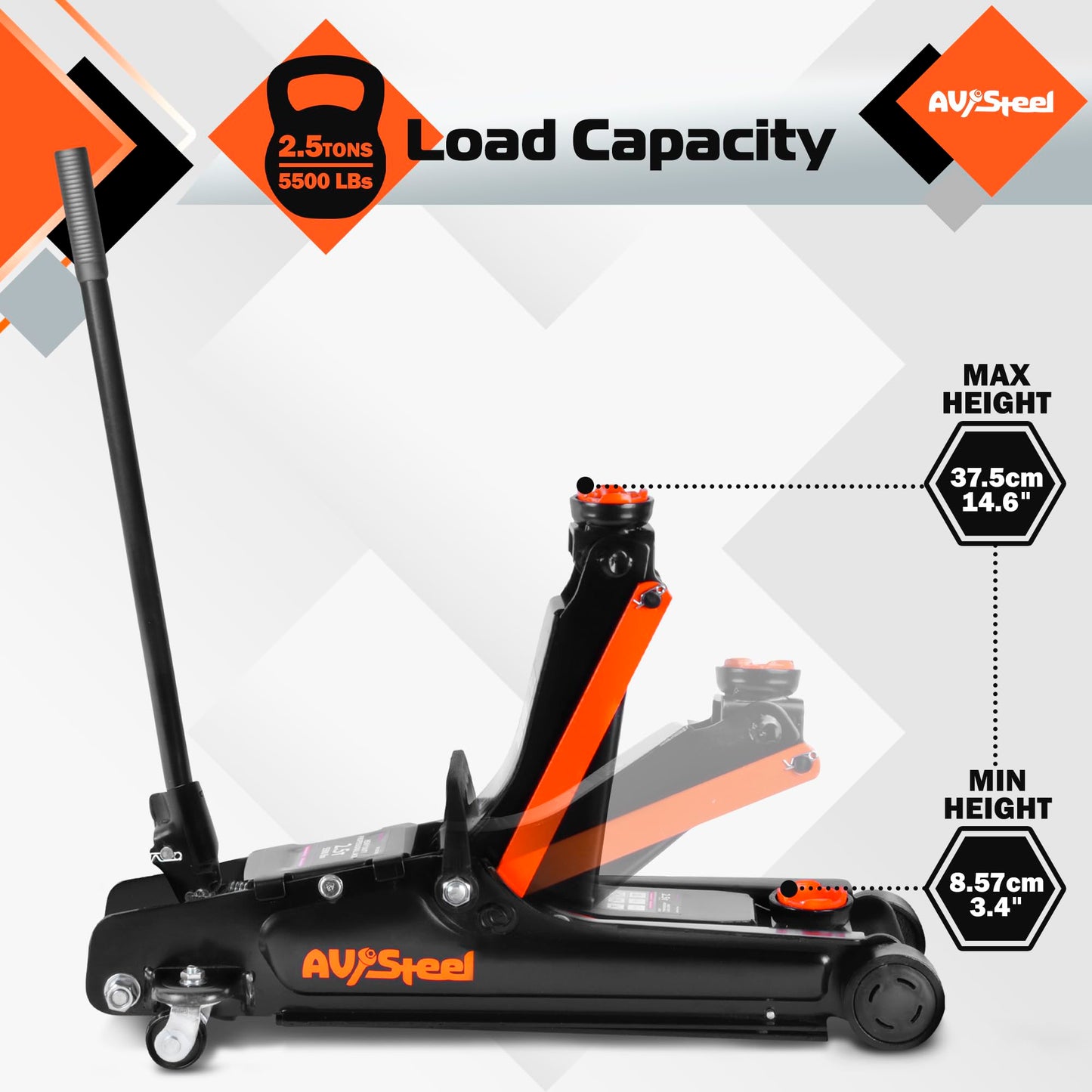 AV Steel Floor Jack 2.5 Ton (5500 lbs), Low Profile Floor Jack with Single Piston Pump, Heavy Duty Steel Hydraulic Jack for Car, Jack for Car with Lifting Range 3.4'' to 14.6''