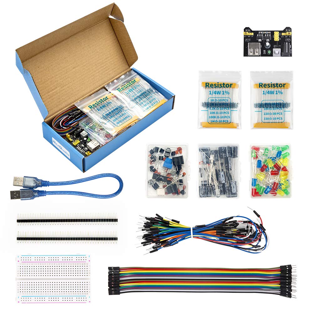 REXQualis Electronics Basic Kit w/Power Supply Module, Breadboard, Jumper Wire, LED,Resistor, comes with more than 300pcs sensors and components for fun and simple electronic projects.