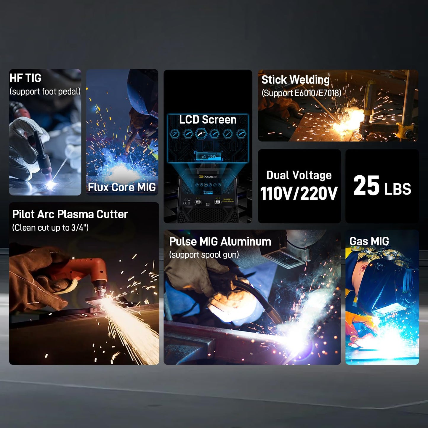 SSIMDER MIG Welder 200A Plasma Cutter Welder Combo 10 in 1 multiprocess welder Pulse MIG/Gas MIG/Flux Core/HF TIG/Stick/Cut Aluminum Welder Welding Machine for Home DIY Outdoor