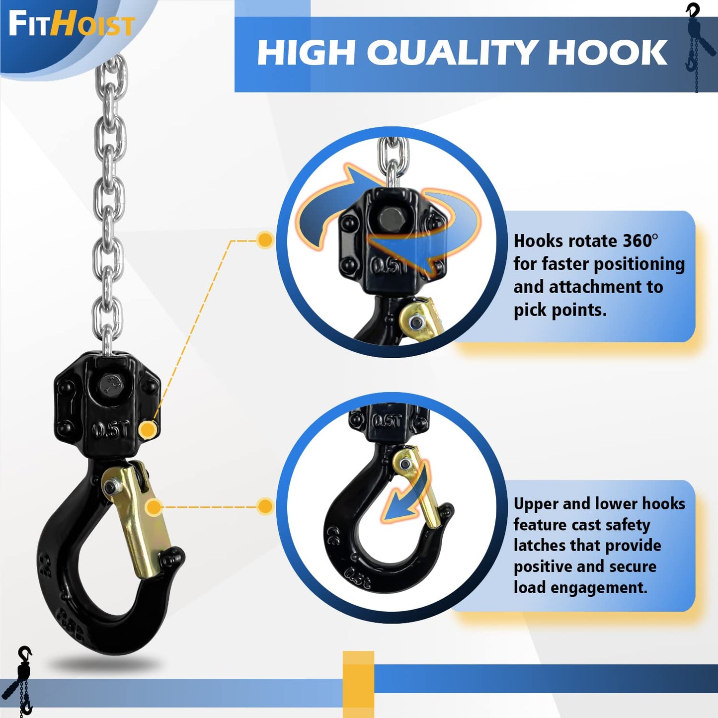 FITHOIST Mini Chain Hoist 1/2 Ton 1100Lbs Capacity 10Ft Lift Manual Lever Chain Hoist Alloy Steel G80 Chain 2 Heavy Duty Hooks, for Garages Warehouse Automotive Machinery