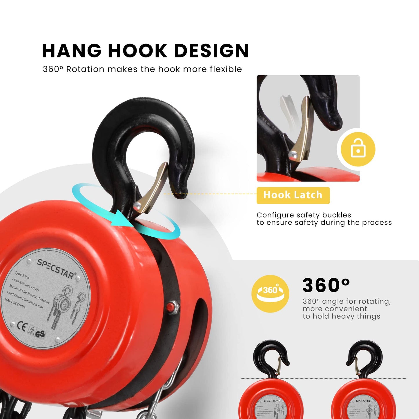 SPECSTAR Hand Chain Hoist 1 Ton 2200 Lbs Capacity 10 Feet with 2 Heavy Duty Hooks, Manual Chain Fall for Warehouse Building Automotive Machinery Red