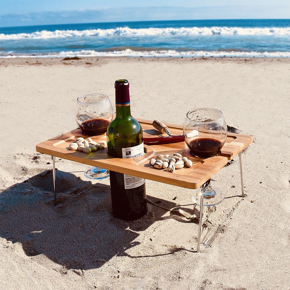 Tirrinia Portable Wine Picnic Table, Ideal Wine Gift for Women Men, Small Folding Outdoor Picnic & Cheese Tray with 2 Wine Glasses Holder for Camping, Park, Beach, Garden, Concerts