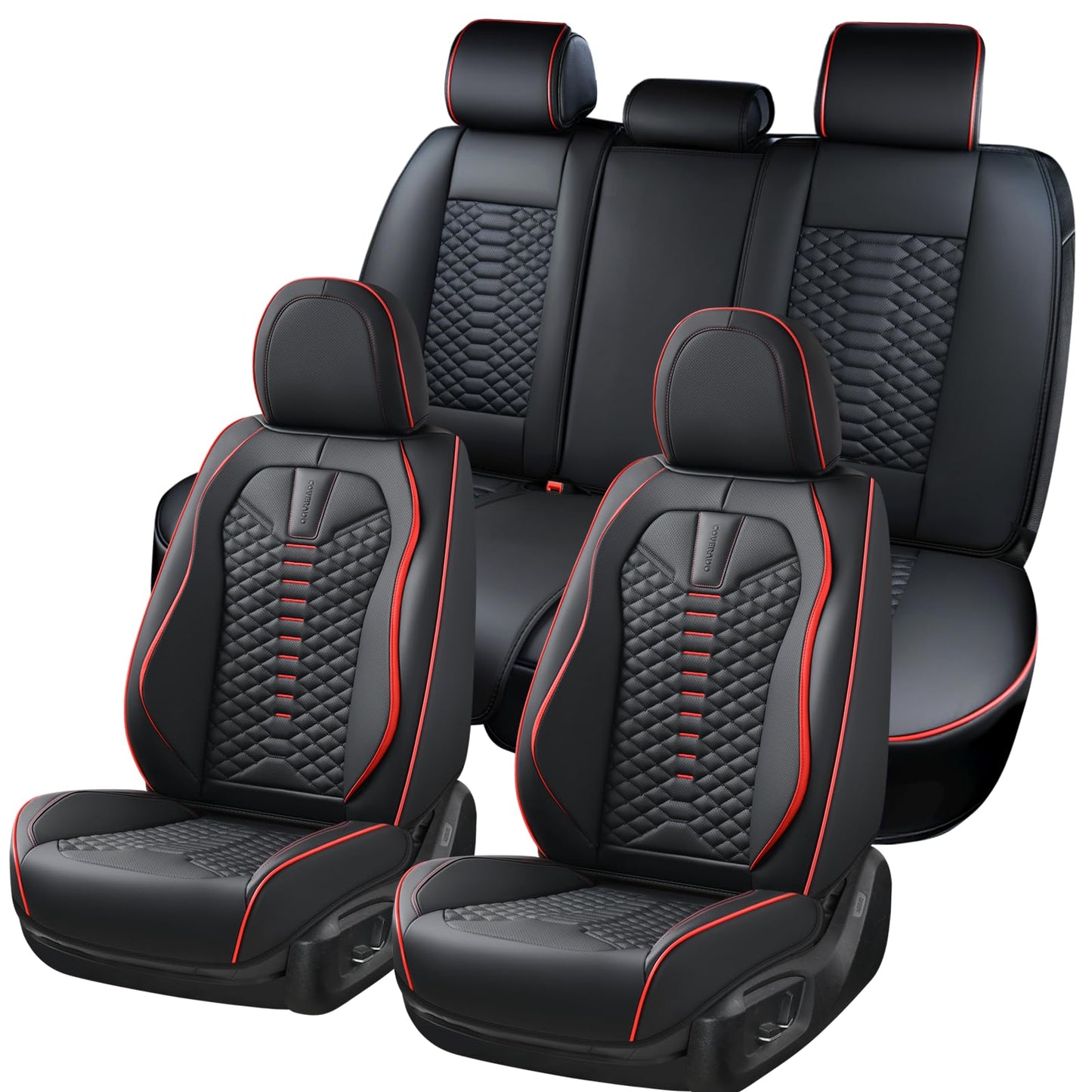 Coverado Seat Covers Full Set, Waterproof Nappa Leather Seat Covers for Cars, 5 Seats Universal Car Seat Protectors, Black Car Seat Covers Car Seat Cushions Fit for Most Cars (Black&Red)