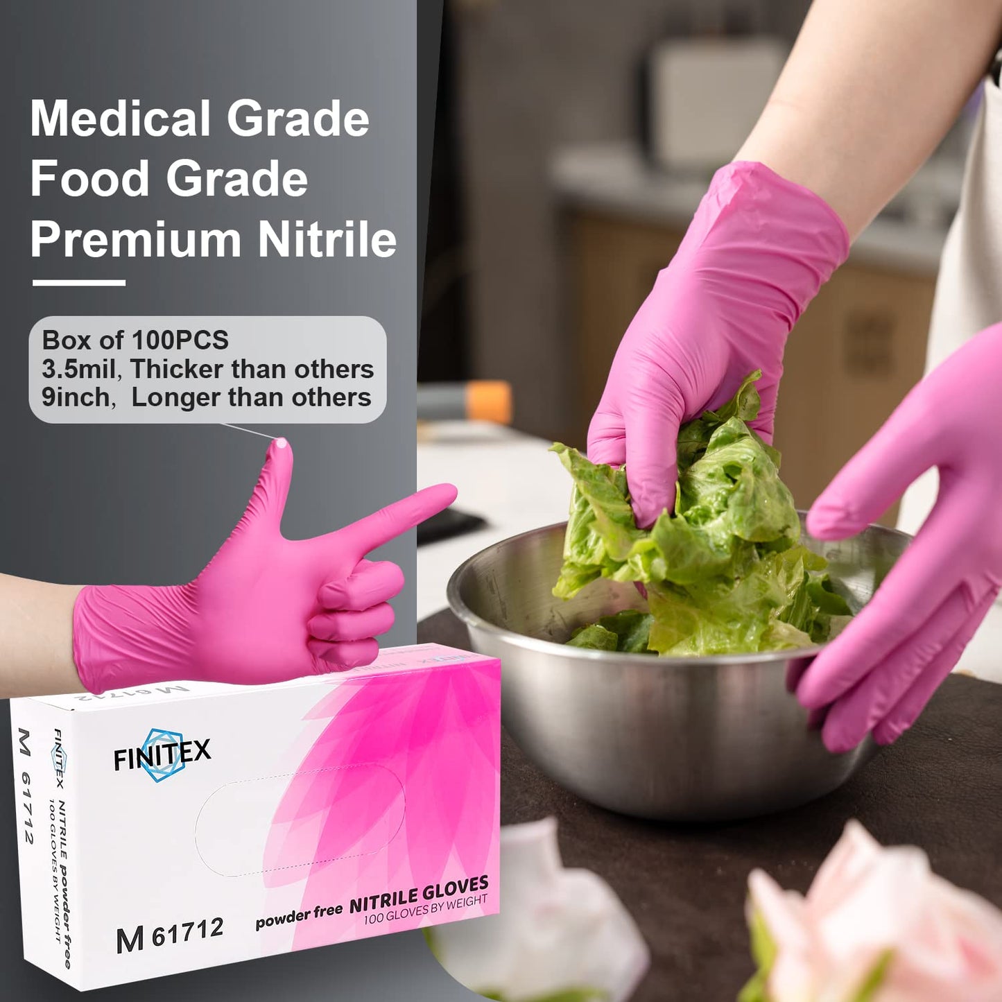 FINITEX Pink Nitrile Disposable Latex-Free Gloves - 3.5mil 100PCS/Box 9inch Long Powder-Free Guantes de Nitrilo Cleaning Medical Exam Food Cooking Glove (100, Medium)