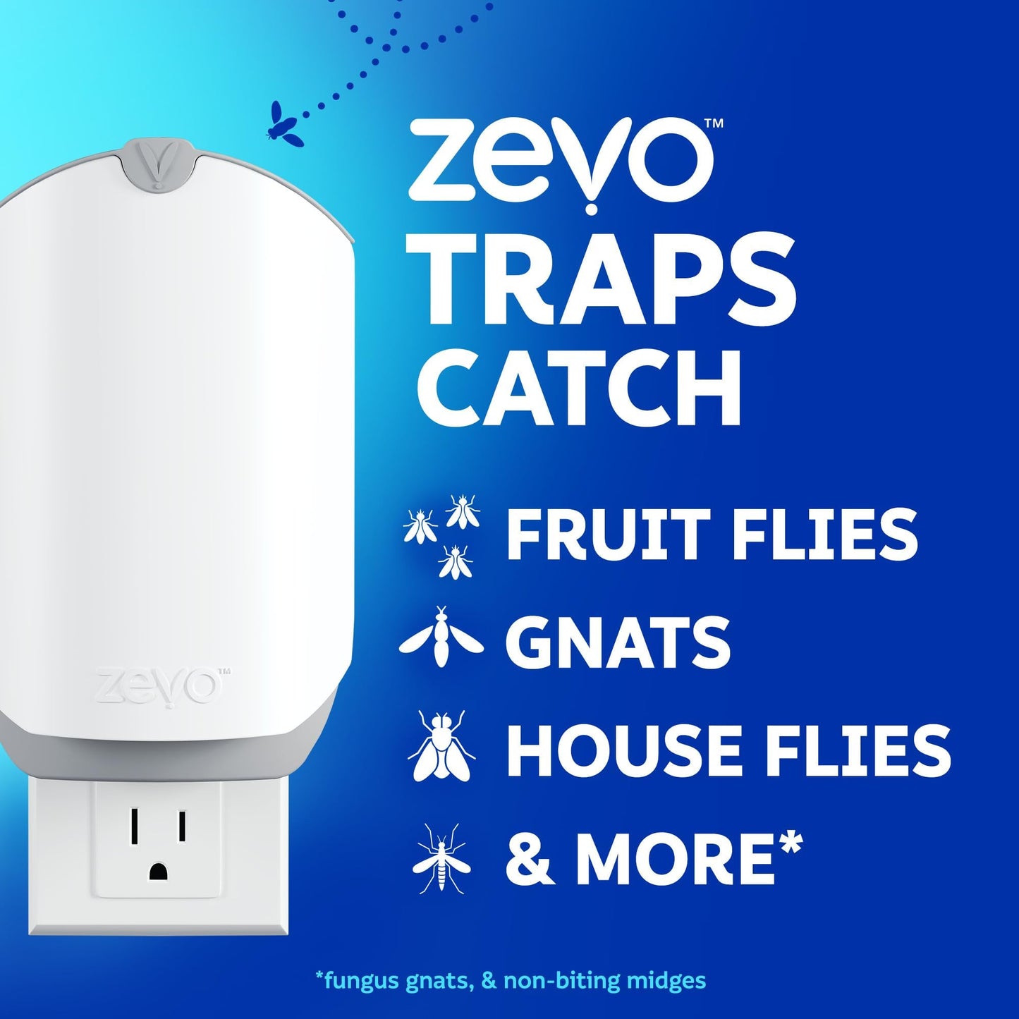 Zevo 2 Flying Insect Traps & 4 Refill Cartridges - Plug in Fly Trap & Indoor Bug Catcher for Gnats, House & Fruit Flies - Blue & UV Light Technology, Mess-Free Alternative to Bug Zapper