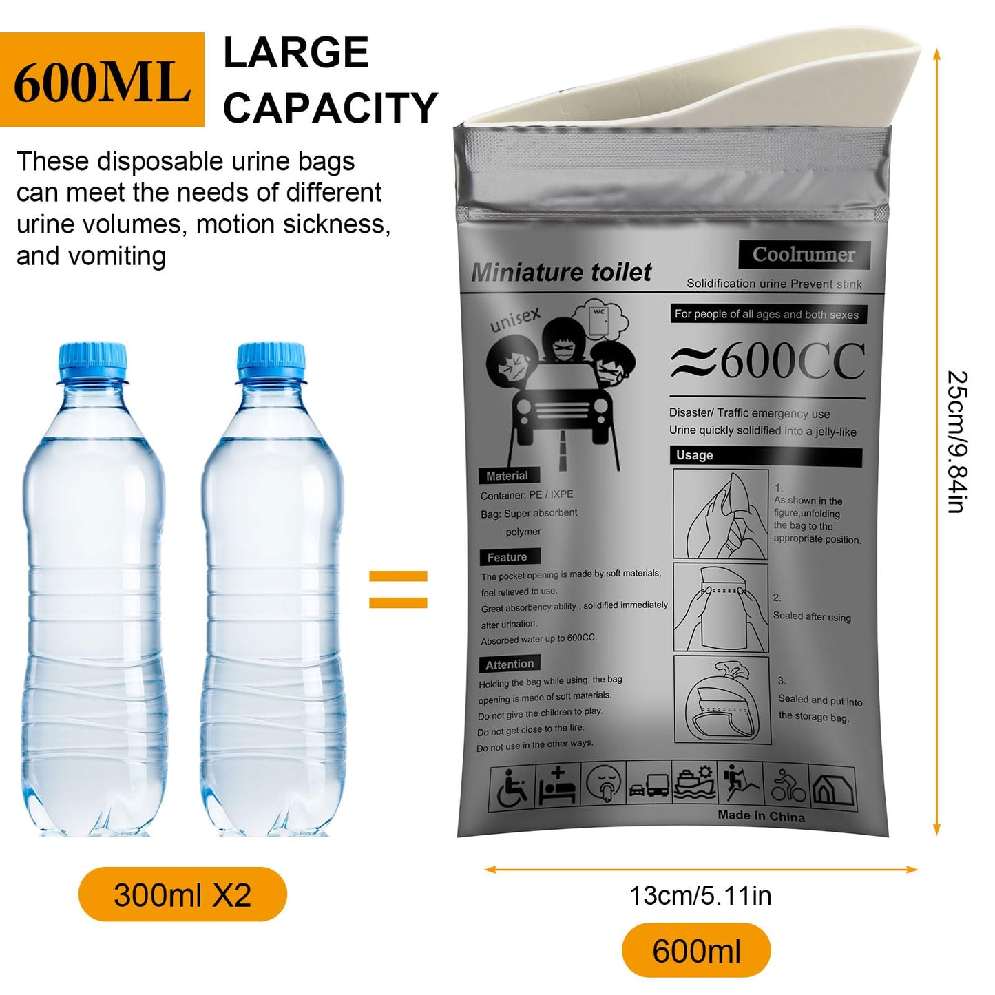 Coolrunner Disposable Urine Bags, Camping Pee Bags for Men Women, Disposable Urinals Vomit Bags for Travel Urinal Toilet Traffic Jam Emergency Portable Toilet for Kids, Patient (Grey-20p)