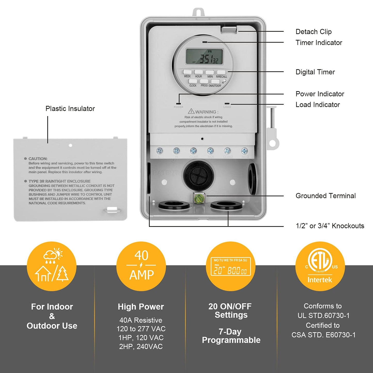 SURAIELEC Pool Timer, 7-Day Programmable Digital Box Timer Switch, 40 AMP, 2HP, 120, 240, 277 VAC, Outdoor Indoor Heavy Duty Controller Box for Pool Pump, Water Heater, Lights, Powerful Appliances