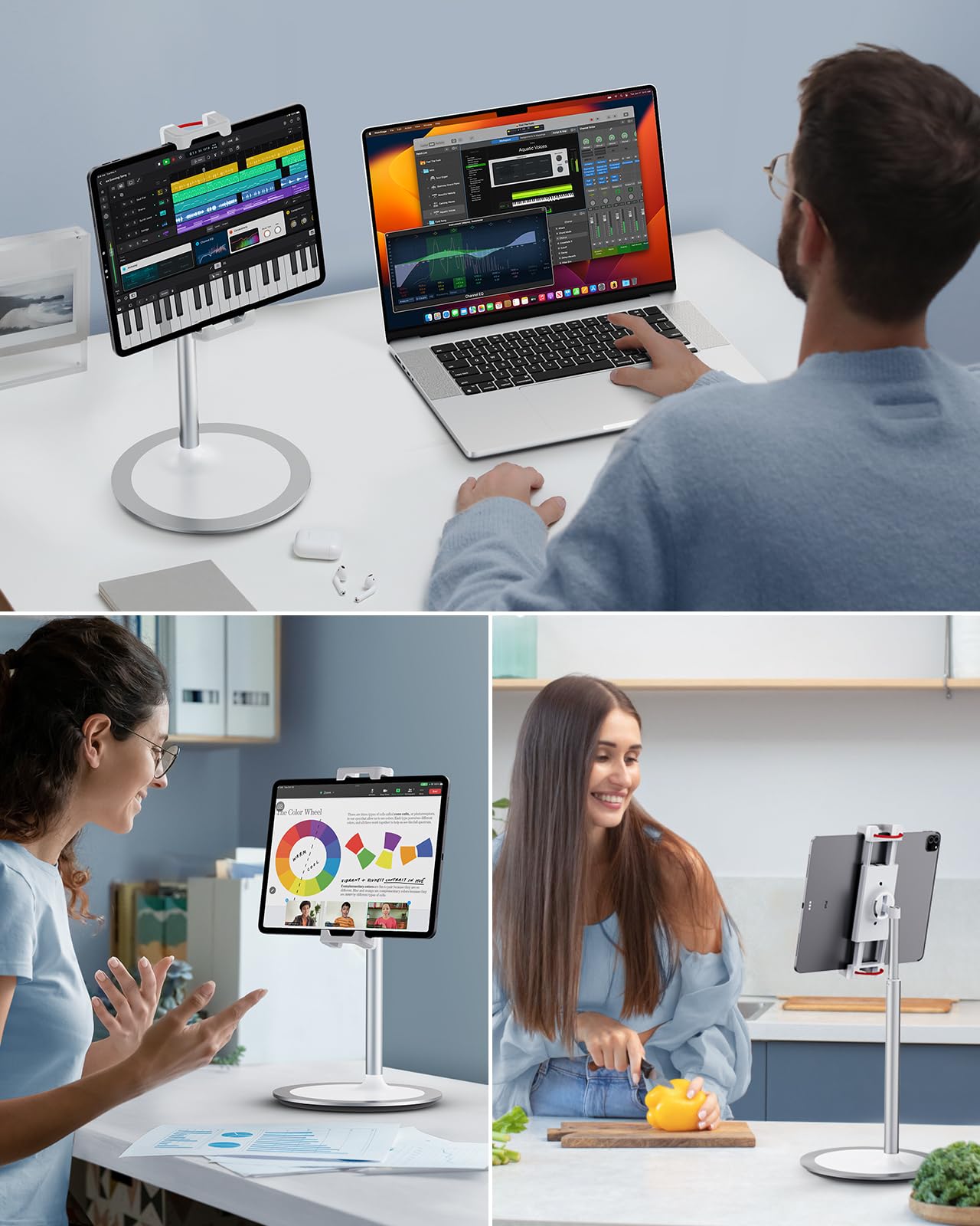 SAIJI Tablet Stand Holder, Height Adjustable Portable Monitor Stand, 360 Degree Rotating, Aluminum Alloy Cradle Mount Dock for 4.7"-15.6" Screen iPhone Samsung, iPad, Kindle, eBook Reader (Silver)