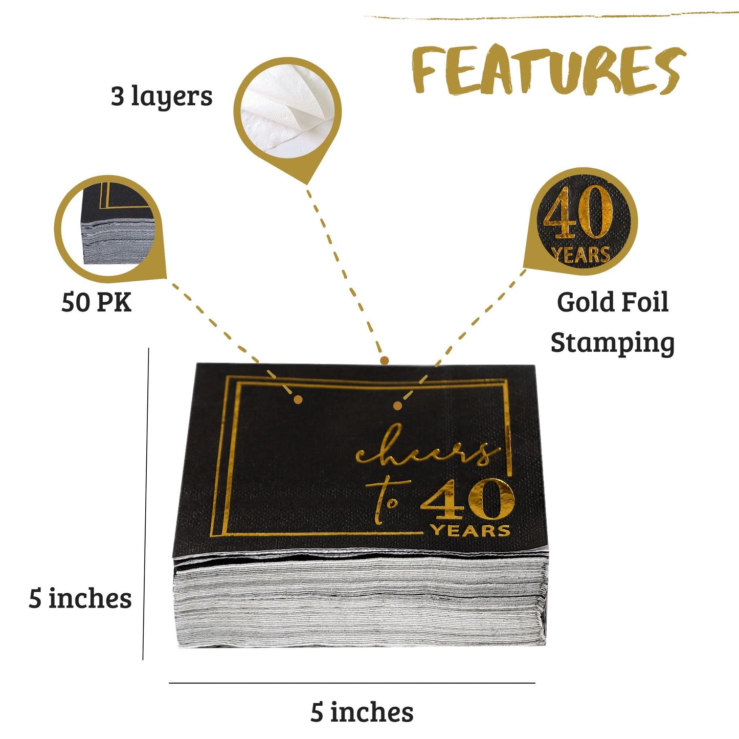 Cheers to Years Cocktail Napkins - 50PK - 3-Ply Birthday Napkins 5x5 Inches Disposable Party Napkins Paper Beverage Napkins for Birthday Decorations Wedding Anniversary Black and Gold (40 Years)