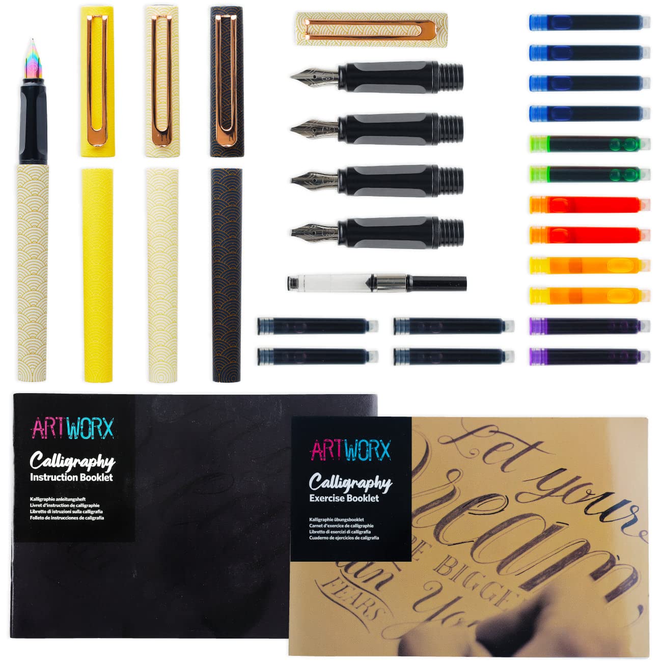 Artworx Calligraphy Pens Set - Introductory Caligraphy Writing & Hand Lettering Kit - Includes Instructions, Guide Book and Practice Book - Calligraphy Set For Beginners