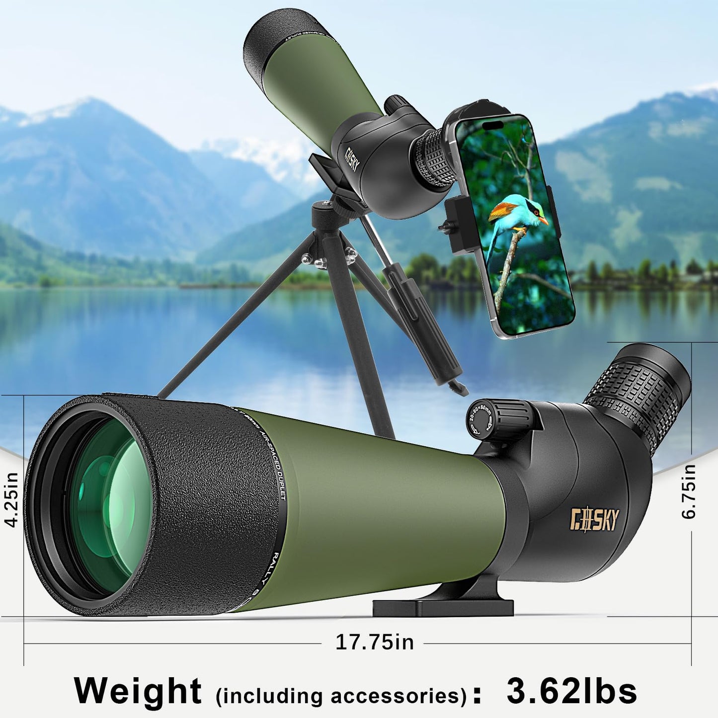 Gosky Flagship DiamondEdge 20-60x80 Spotting Scope with Tripod, Carrying Bag and Quick Phone Holder - BAK4 High Definition Waterproof Spotter Scope for Bird Watching Wildlife observing,Green