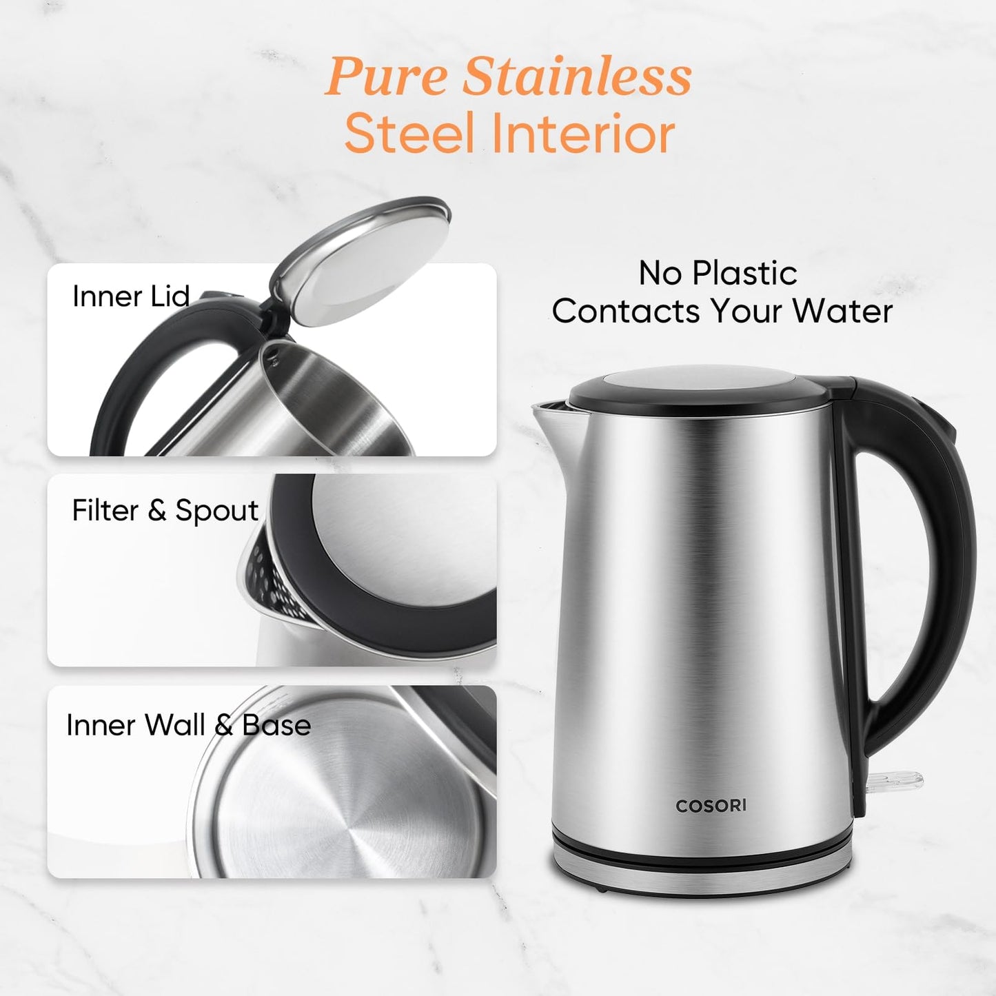 COSORI Electric Kettle, No Plastic Inner Lid, Filter and Spout, Double Wall Stainless Steel Keep Warm, Automatic Shut Off & Boil-Dry Protection, Durable Tea Kettle Boiler & Heater, 1.5L/1500W, Silver