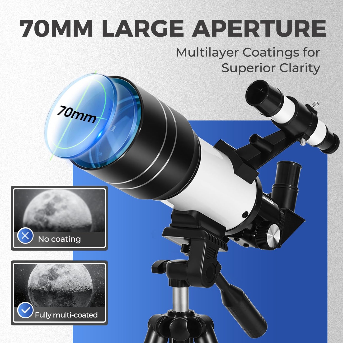 ESAKO Telescope for Kids & Beginners, 70mm Aperture Portable Telescopes with 3 Eyepieces, Height Adjustable Tripod & Phone Adapter & Remote Control