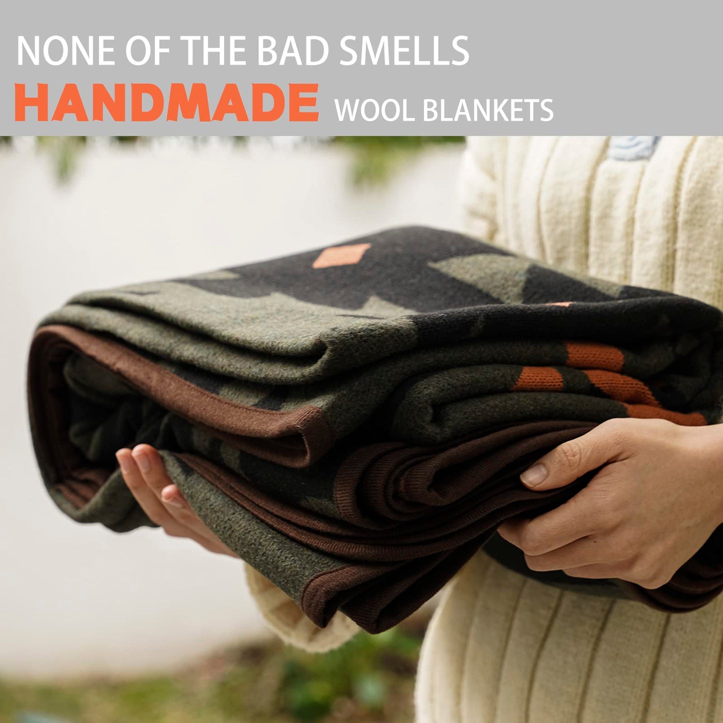 PuTian Merino Wool Blanket - Warm, Thick, Washable, 87" x 63" Large Throw for Outdoors, Camping,Couch, Bed, Travel - Super Soft Wool Blanket (Striped Fire Green)