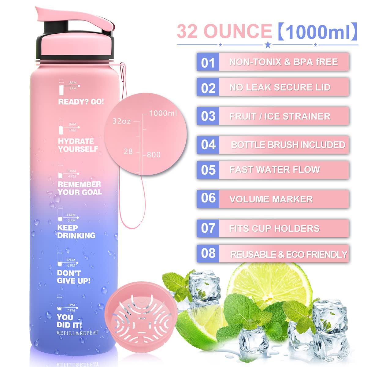 ZORRI 32 OZ Water Bottles, BPA Free Leak Proof Motivational Times Tracking Sports Bottle, Reusable Tritan Plastic Water Jug for Sports & Outdoors, Gym, Yoga, Workout, School, Office