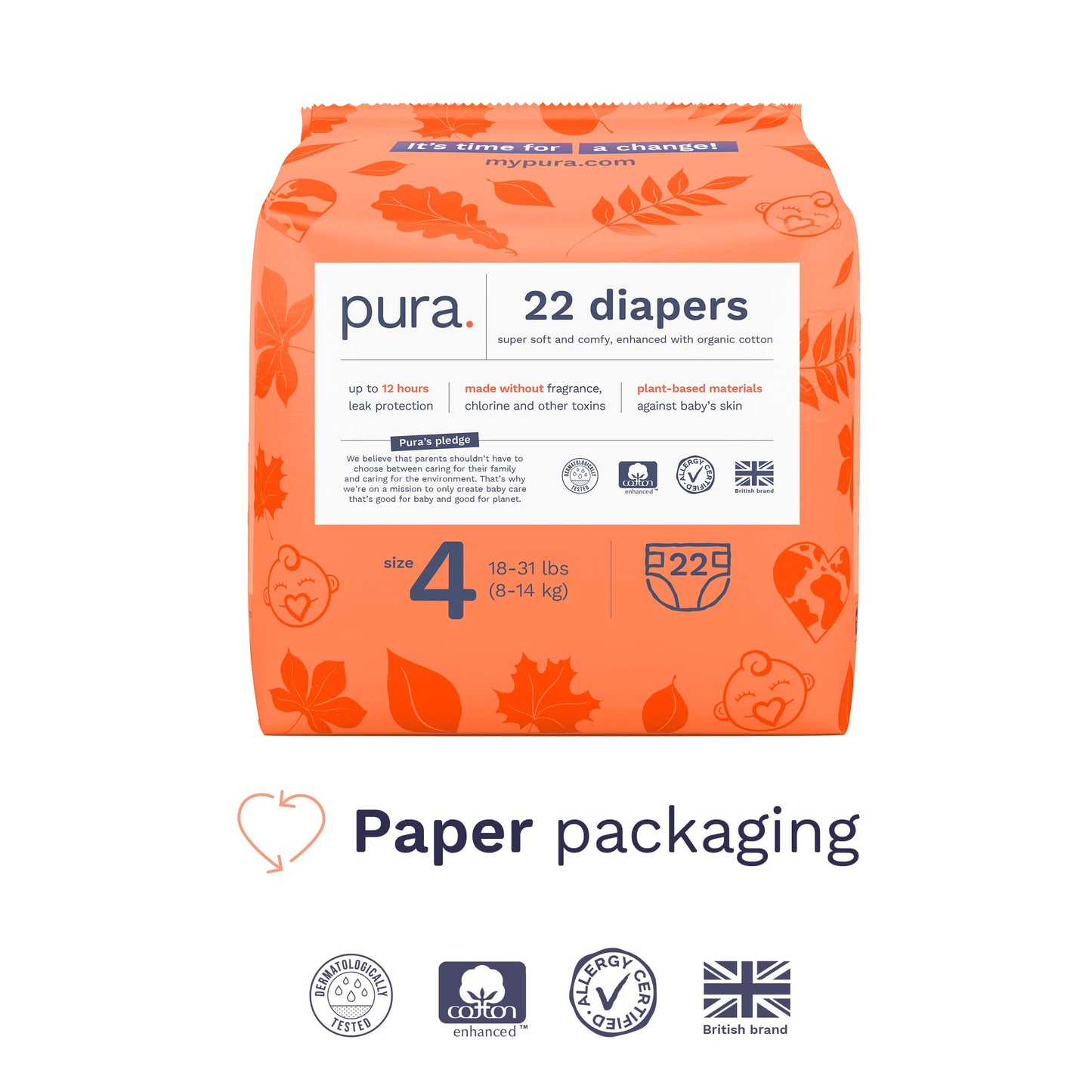 Pura Sensitive Skin Baby Diapers | Size 4 (18-31 lbs) | Hypoallergenic, Totally Chlorine Free, Fragrance Free, Up to 12-Hour Leak Protection | 6 Packs of 22 (132 Diapers)