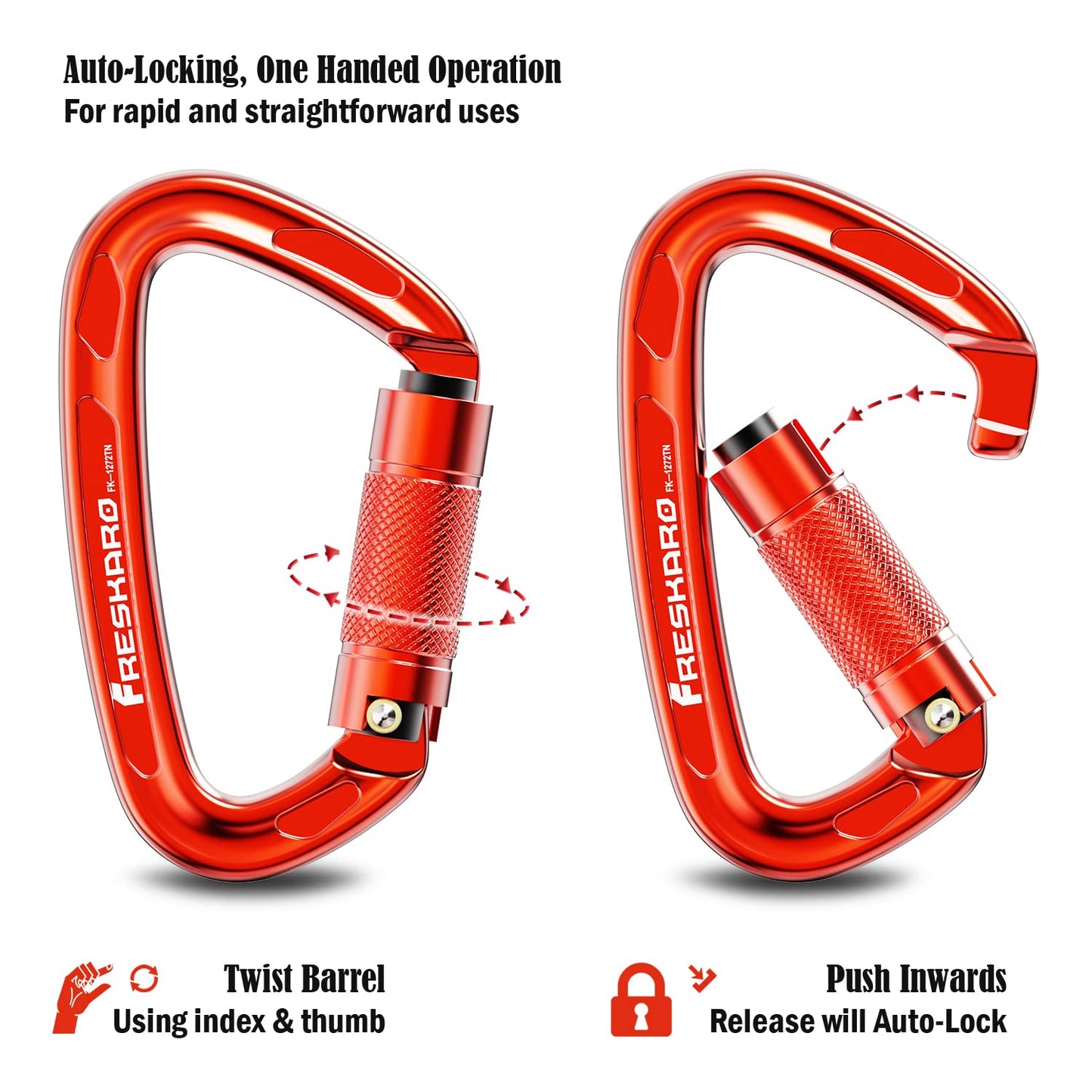 FresKaro Climbing Carabiner Clips Heavy Duty, UIAA Certified 25kN Auto Locking Carabiners, Twist Lock, 7075 Aluminium, Lightweight, Rust Free, for Rappelling, Hiking etc, 4Inch, Red, 2 Pack
