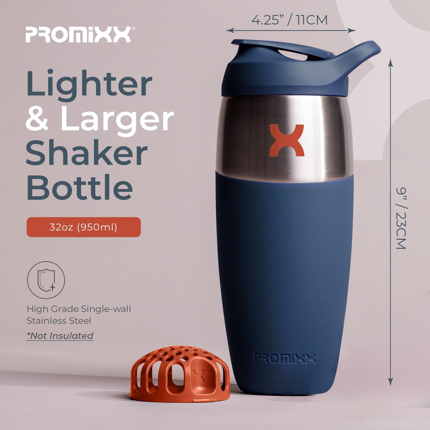 Promixx Pursuit Shaker Bottle - Single-Wall Stainless Steel Protein Shaker Bottle, Super Smooth Shakes, 32oz, Mulberry