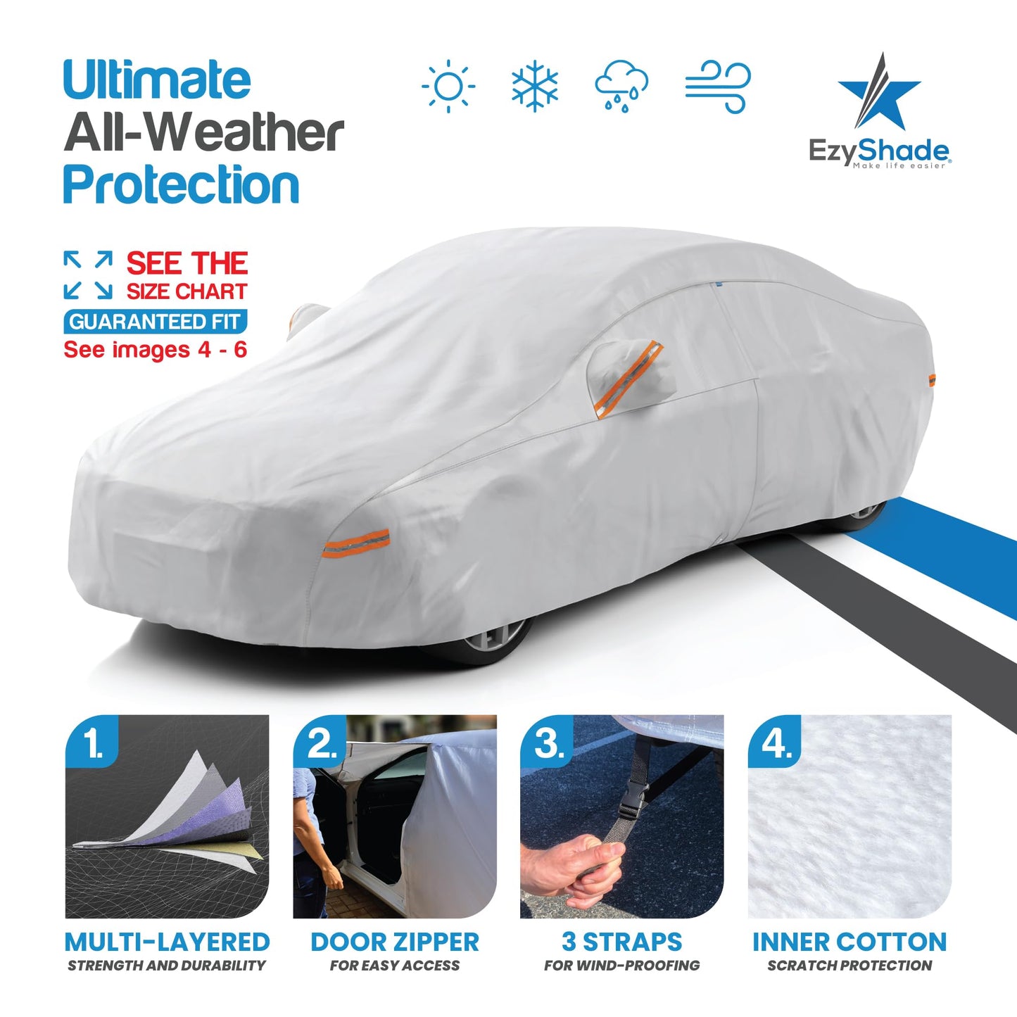 EzyShade 10-Layer Car Cover Waterproof All Weather. See Vehicle Size-Chart for Accurate Fit. Outdoor Full Exterior Covers for Automobiles Sedan Hatch SUV Rain Sun Protection. Size A5 (See SizeChart)