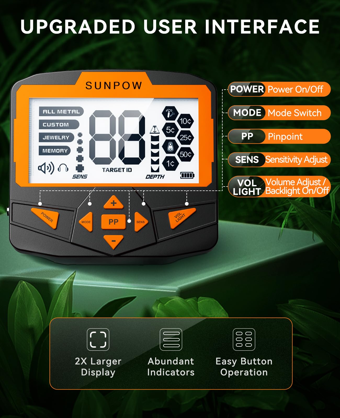 SUNPOW Metal Detector for Adults Professional - Waterproof Higher Accuracy 5 Modes Gold Metal Detector with Strong Anti-Interference, Advanced DSP Chip, 11" Detection Depth - OTMD09