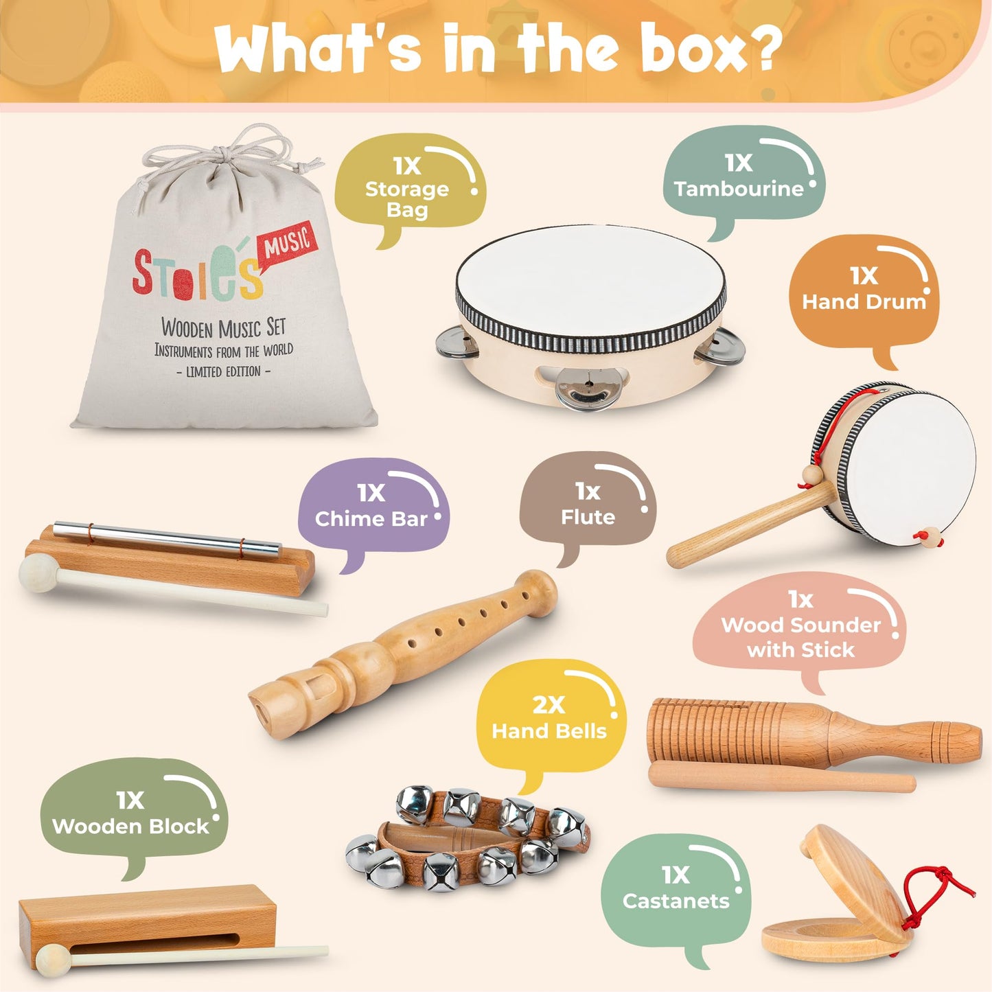 Stoie's Wooden Kids Musical Instruments for 3-9 Years Old, with Drum, Hand Bells, Flute, Maracas, Castanet, Tamburine, for Babies and Toddlers, Durable, Safe, Montessori Educational Toy, Storage Bag