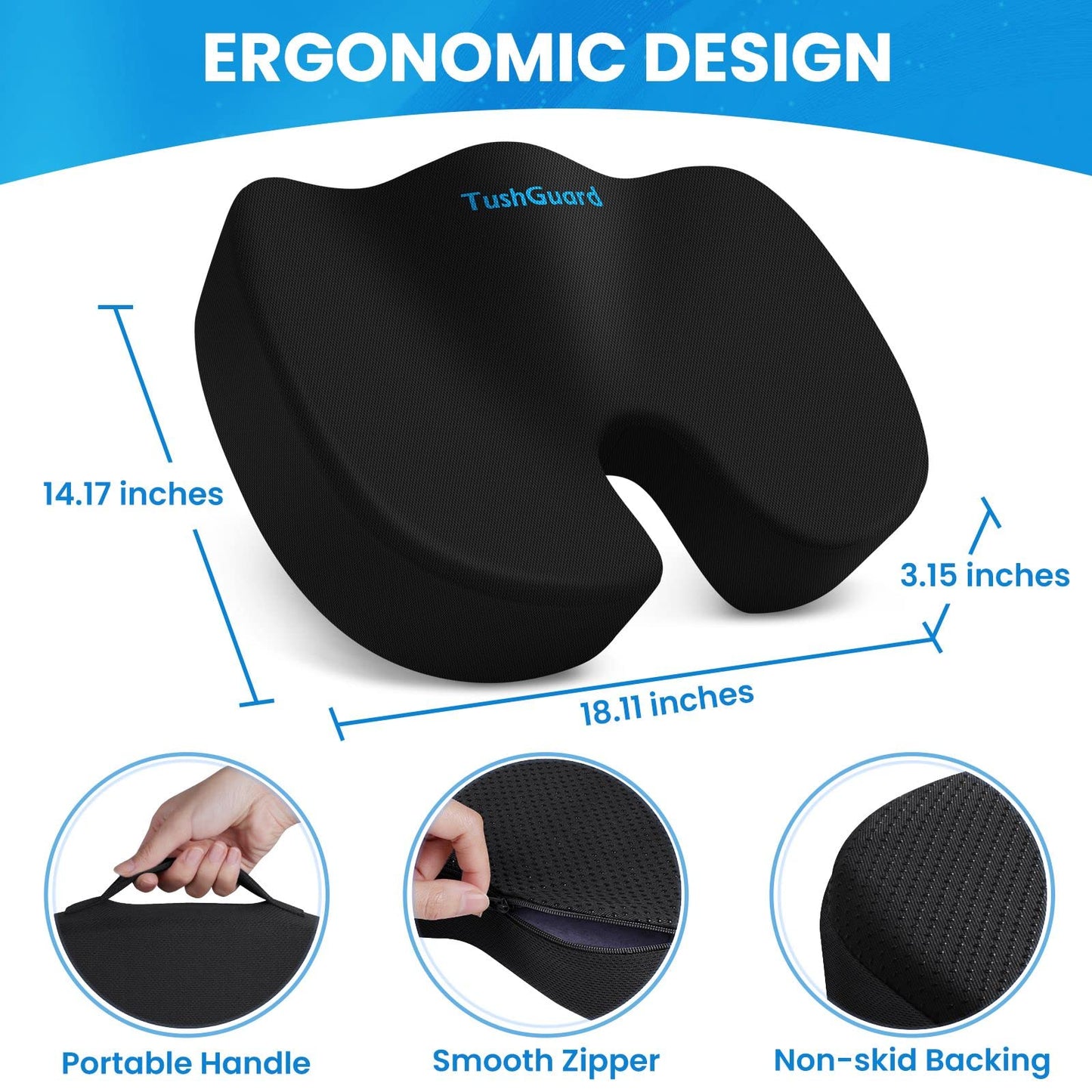 TushGuard Seat Cushion for Office Chair Memory Foam Non-Slip Cushion Back, Relief Chair Pad, Butt Pillow for Office Chair, Car, Computer Desk, Black